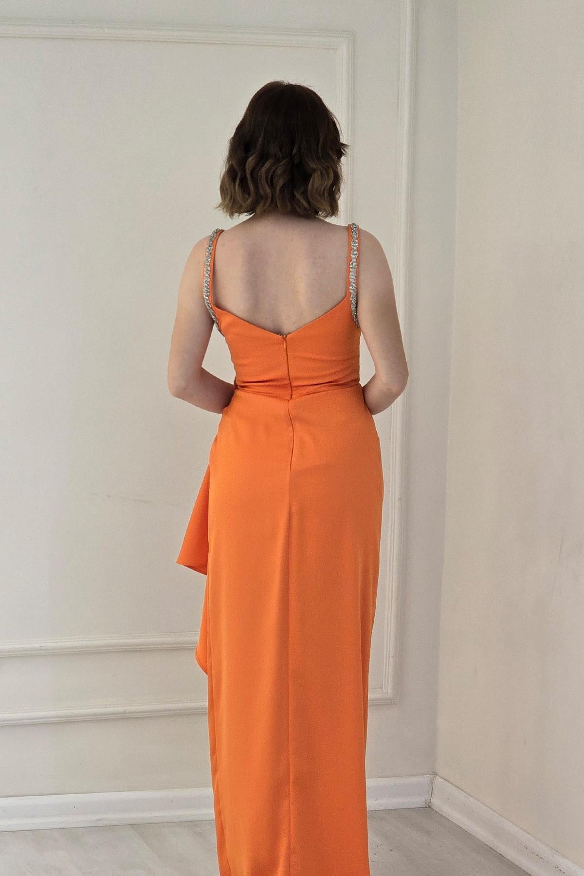 ORANGE Drapeli Askısı Taşlı Yırtmaçlı Abiye 58378