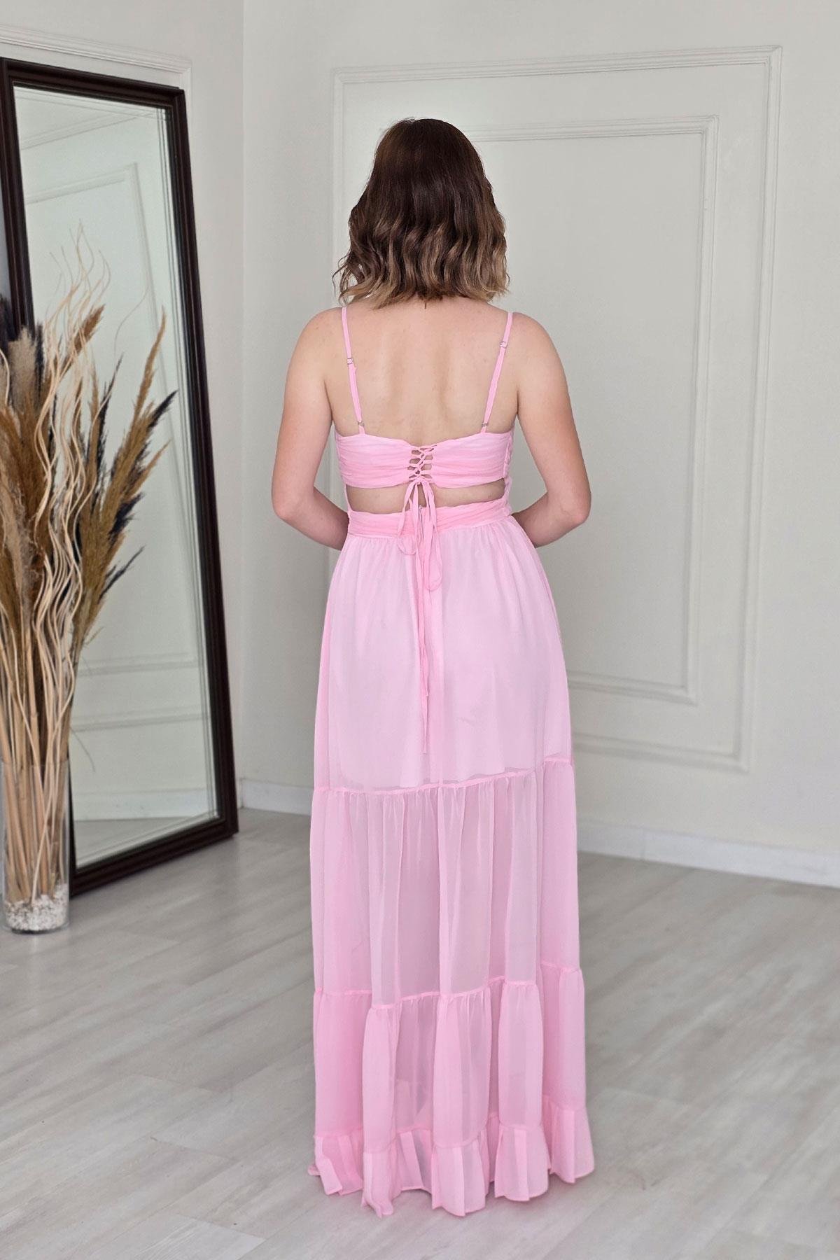 Pembe Askılı Dekolteli Elbise 251694