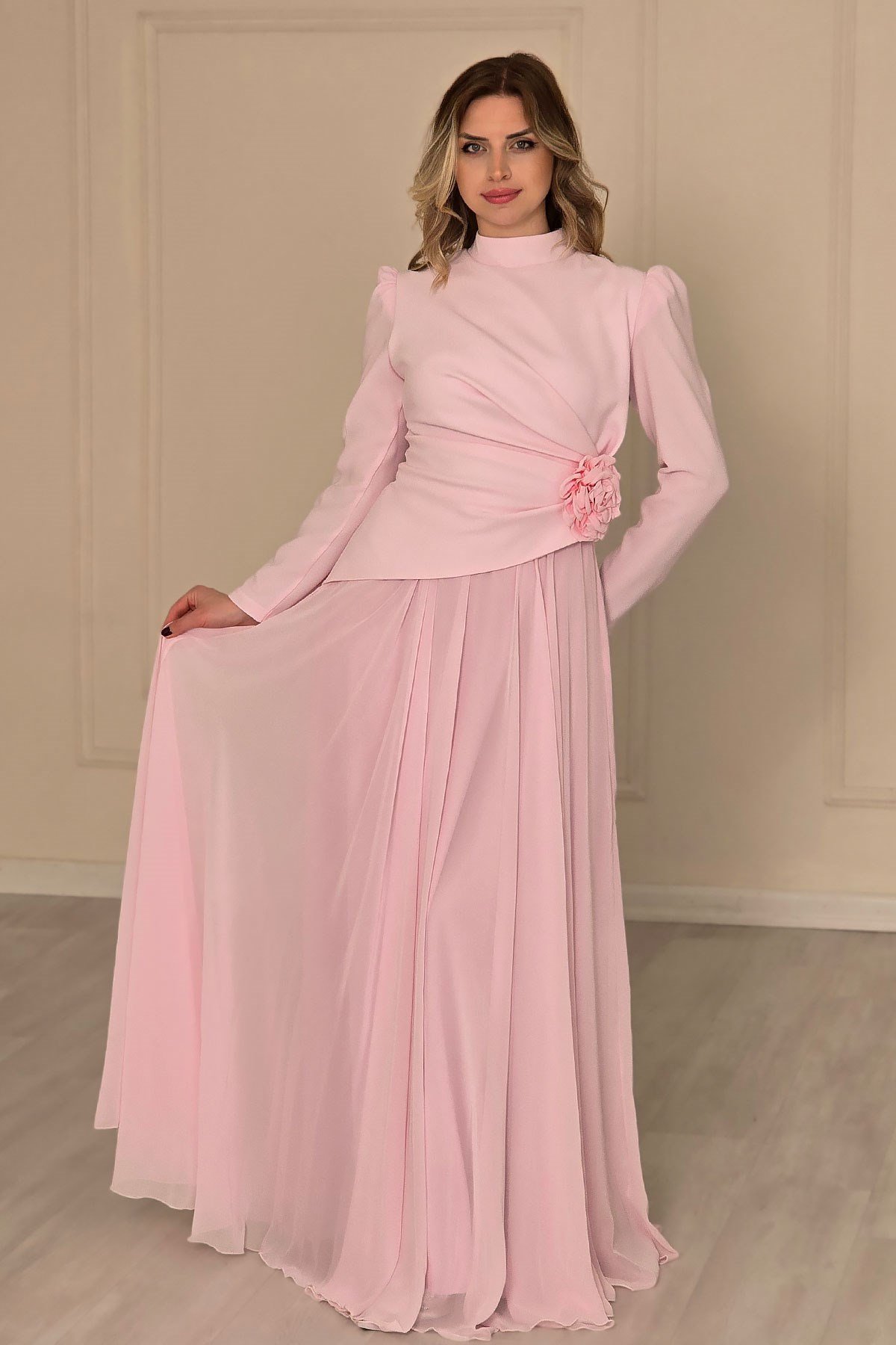 Pembe Çiçek Detaylı Krep Abiye 4525