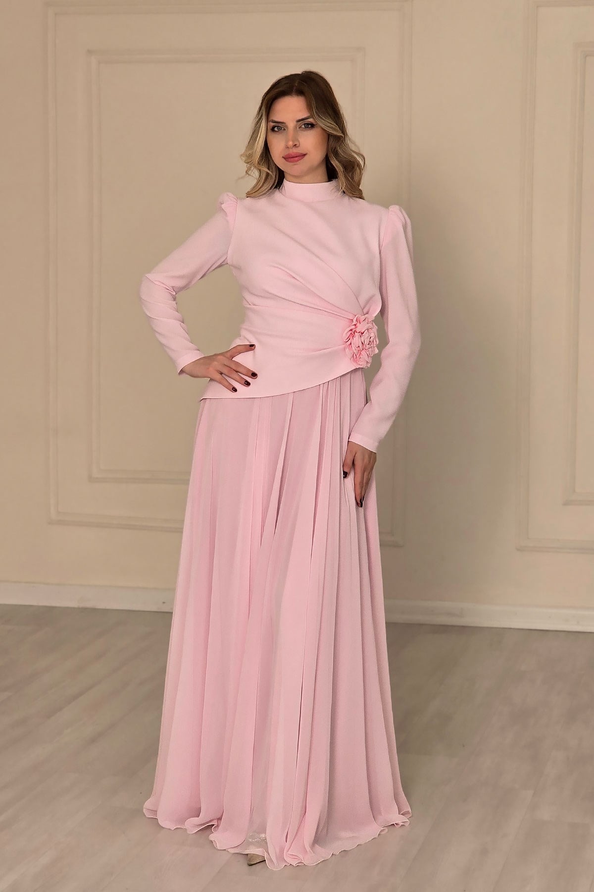 Pembe Çiçek Detaylı Krep Abiye 4525