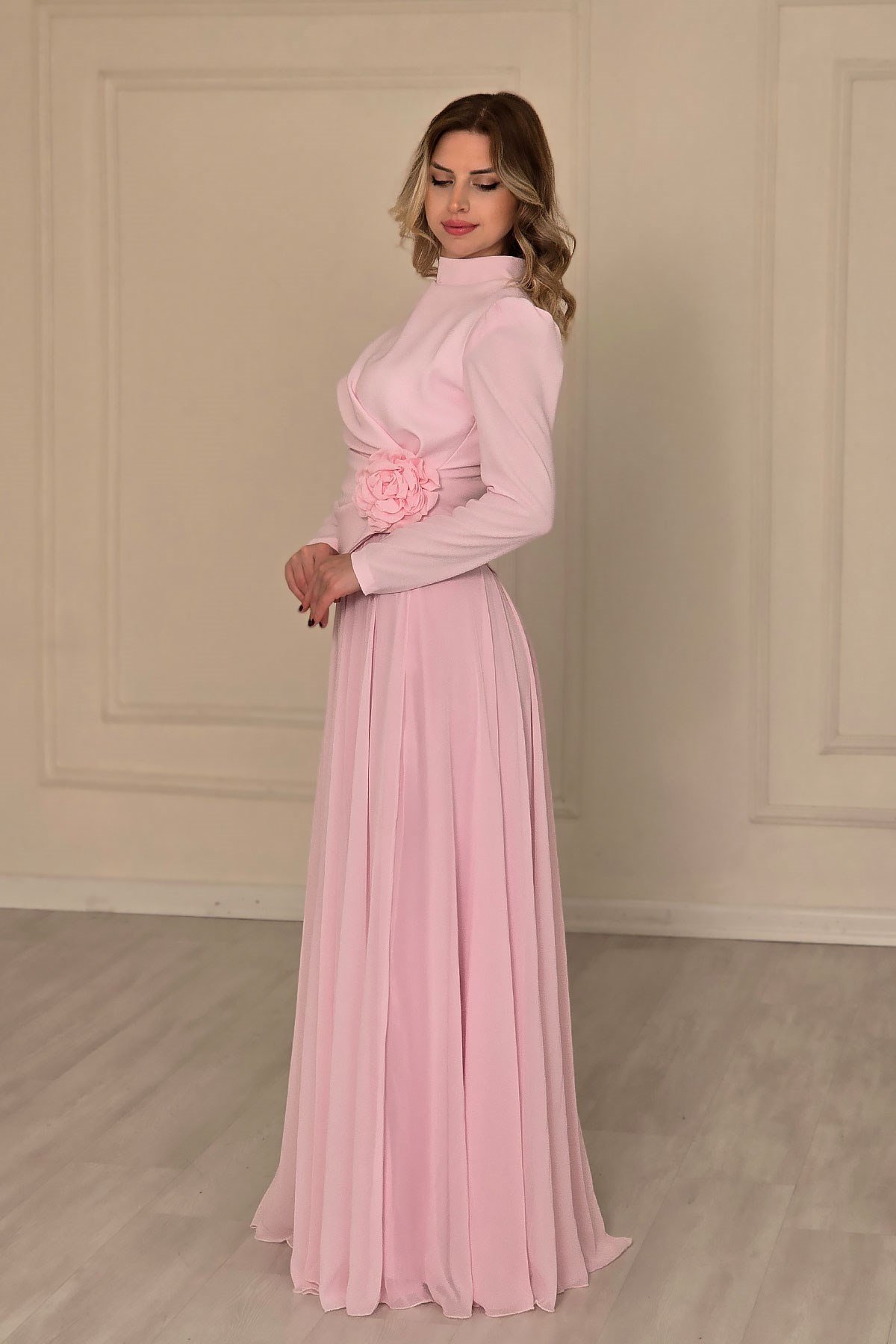 Pembe Çiçek Detaylı Krep Abiye 4525