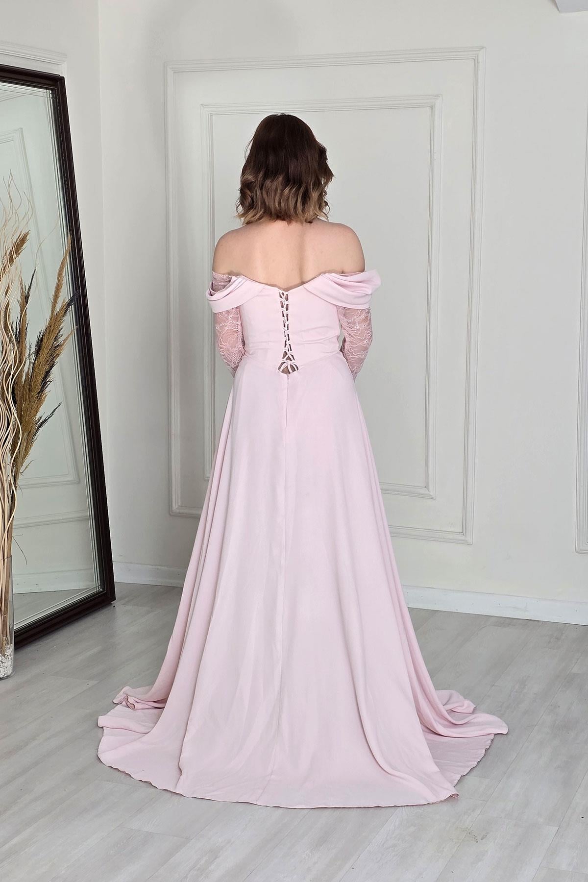 Pembe Dantel Kollu Tasarım Elbise 2718