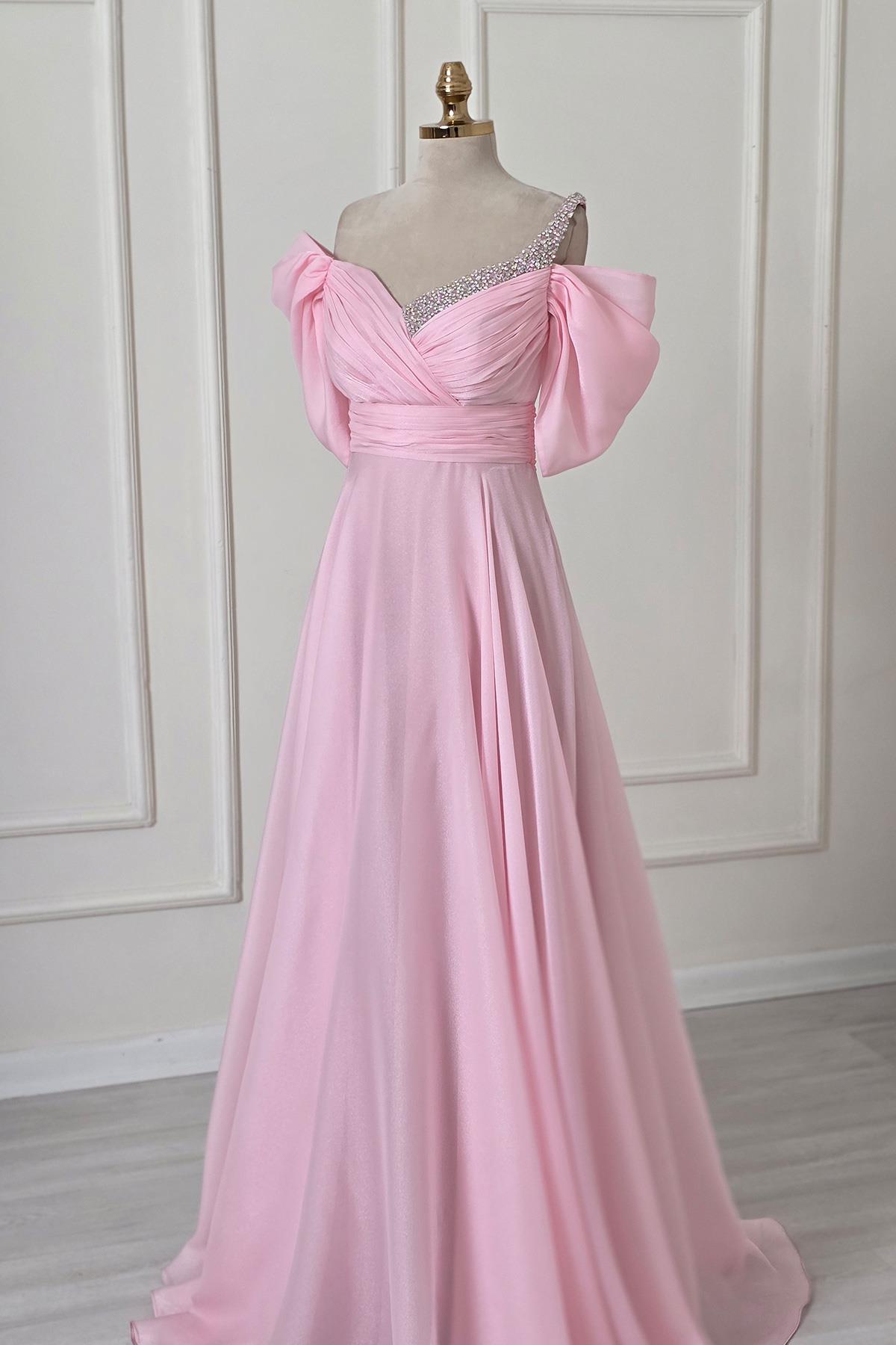 Pembe Drapeli Yaka Taşlı Abiye 8355