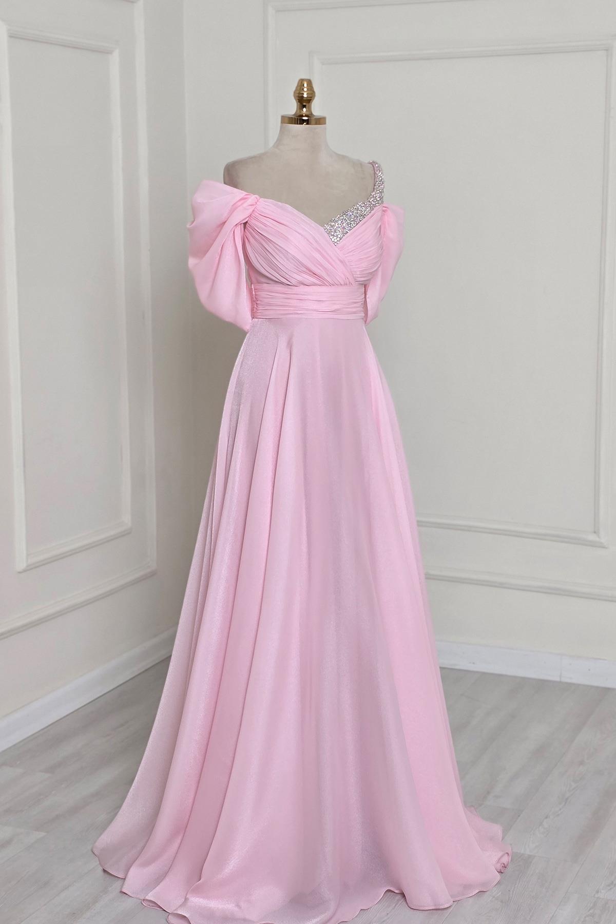 Pembe Drapeli Yaka Taşlı Abiye 8355