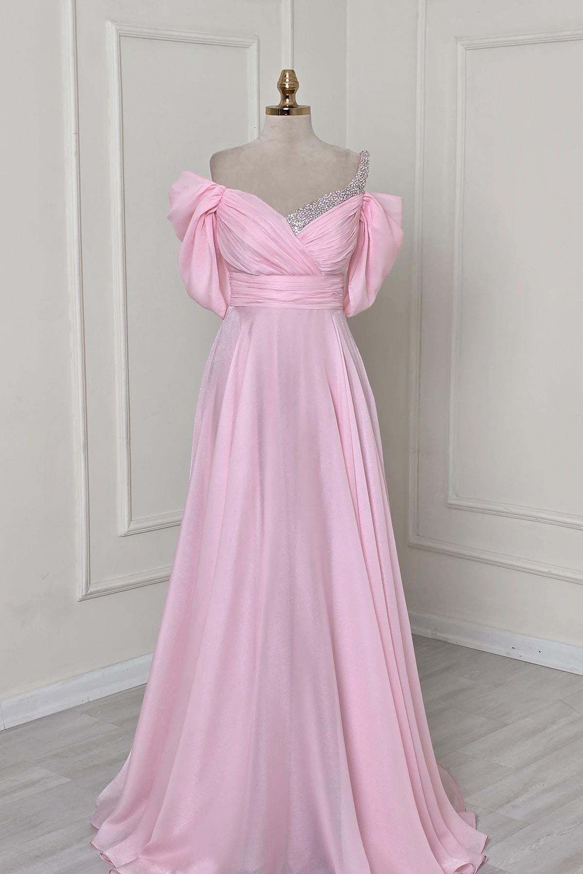 Pembe Drapeli Yaka Taşlı Abiye 8355