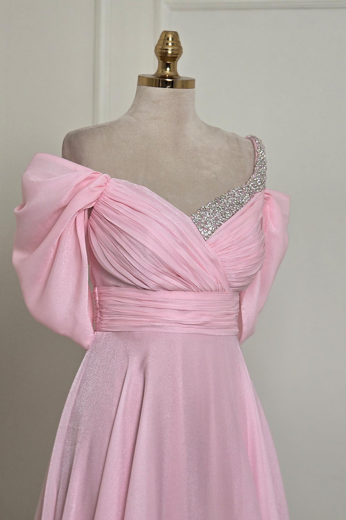 Pembe Drapeli Yaka Taşlı Abiye 8355