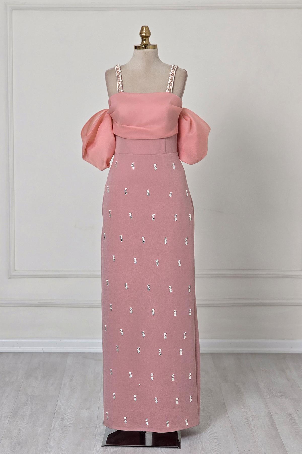 Pembe İNCİLİ KREP ELBİSE 6055