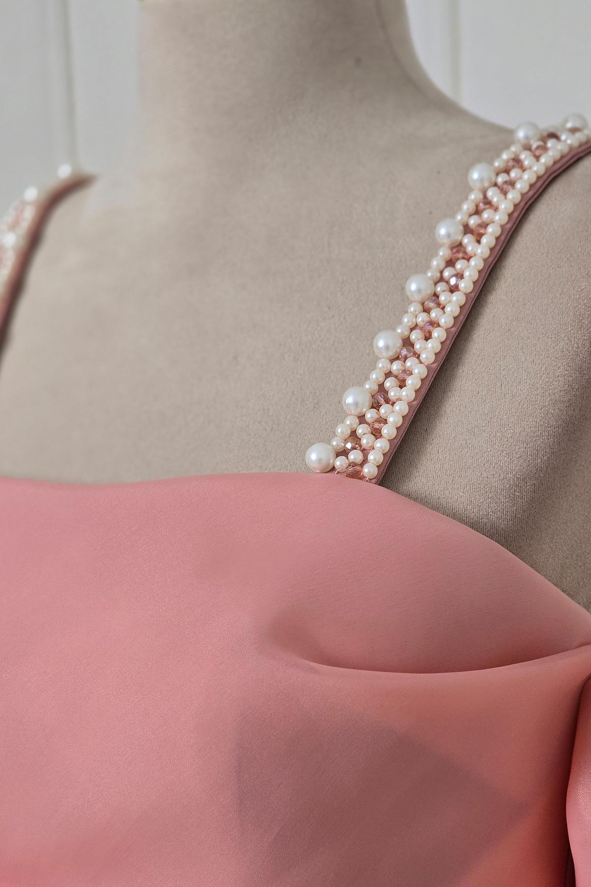 Pembe İNCİLİ KREP ELBİSE 6055