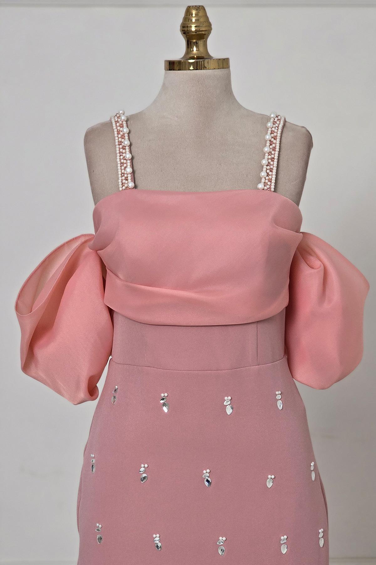 Pembe İNCİLİ KREP ELBİSE 6055