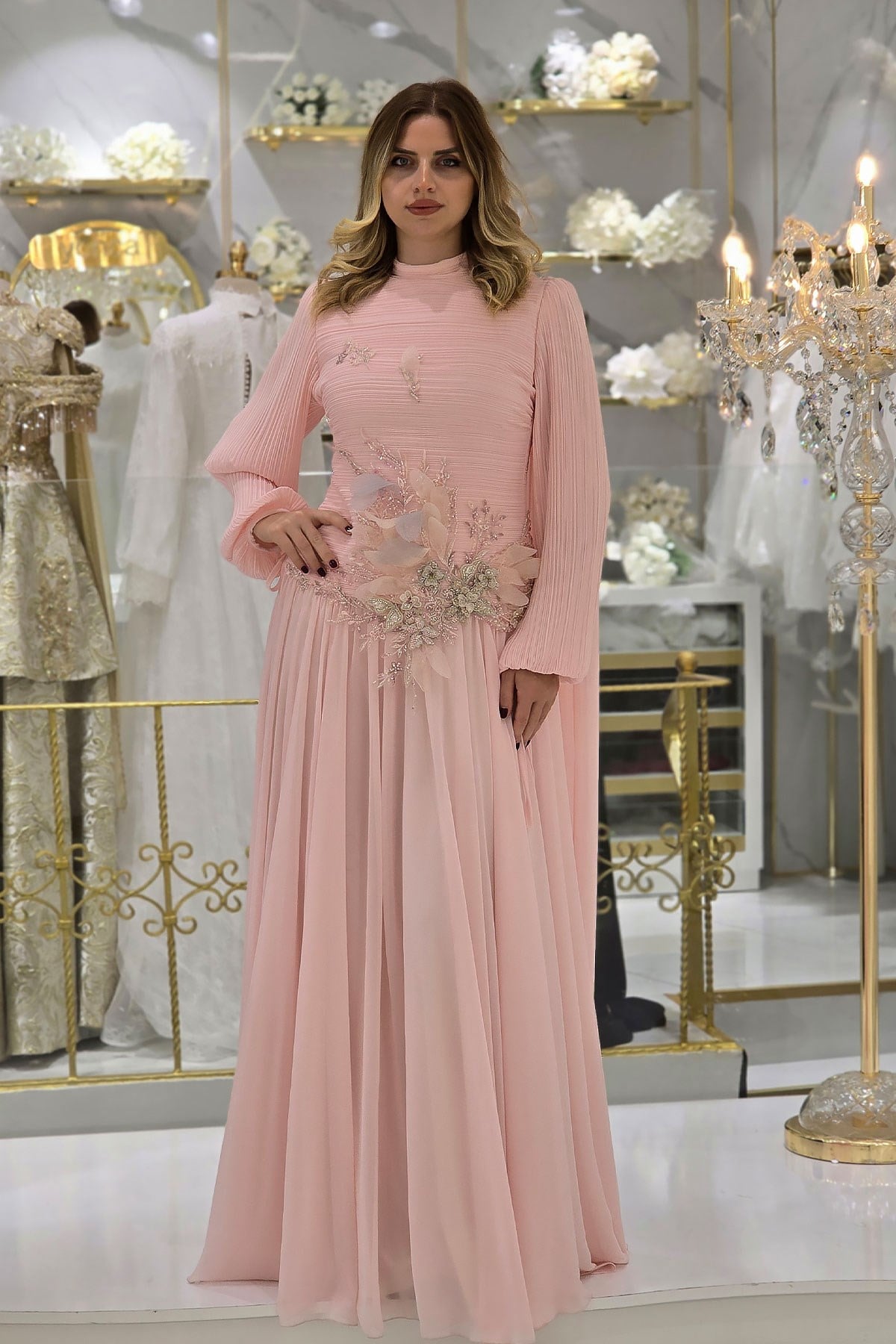 Pembe İşlemeli Şifon Abiye 4606