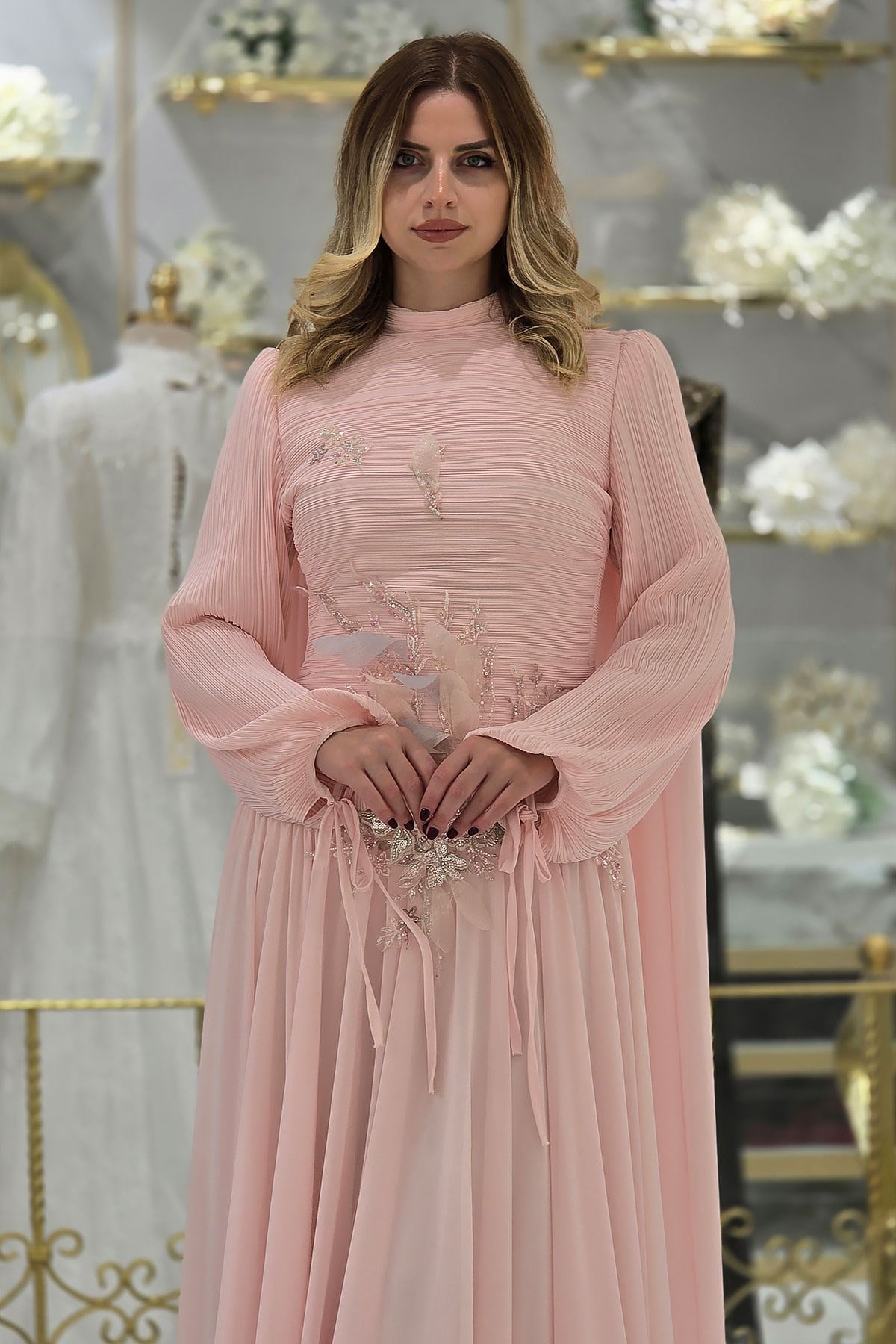 Pembe İşlemeli Şifon Abiye 4606