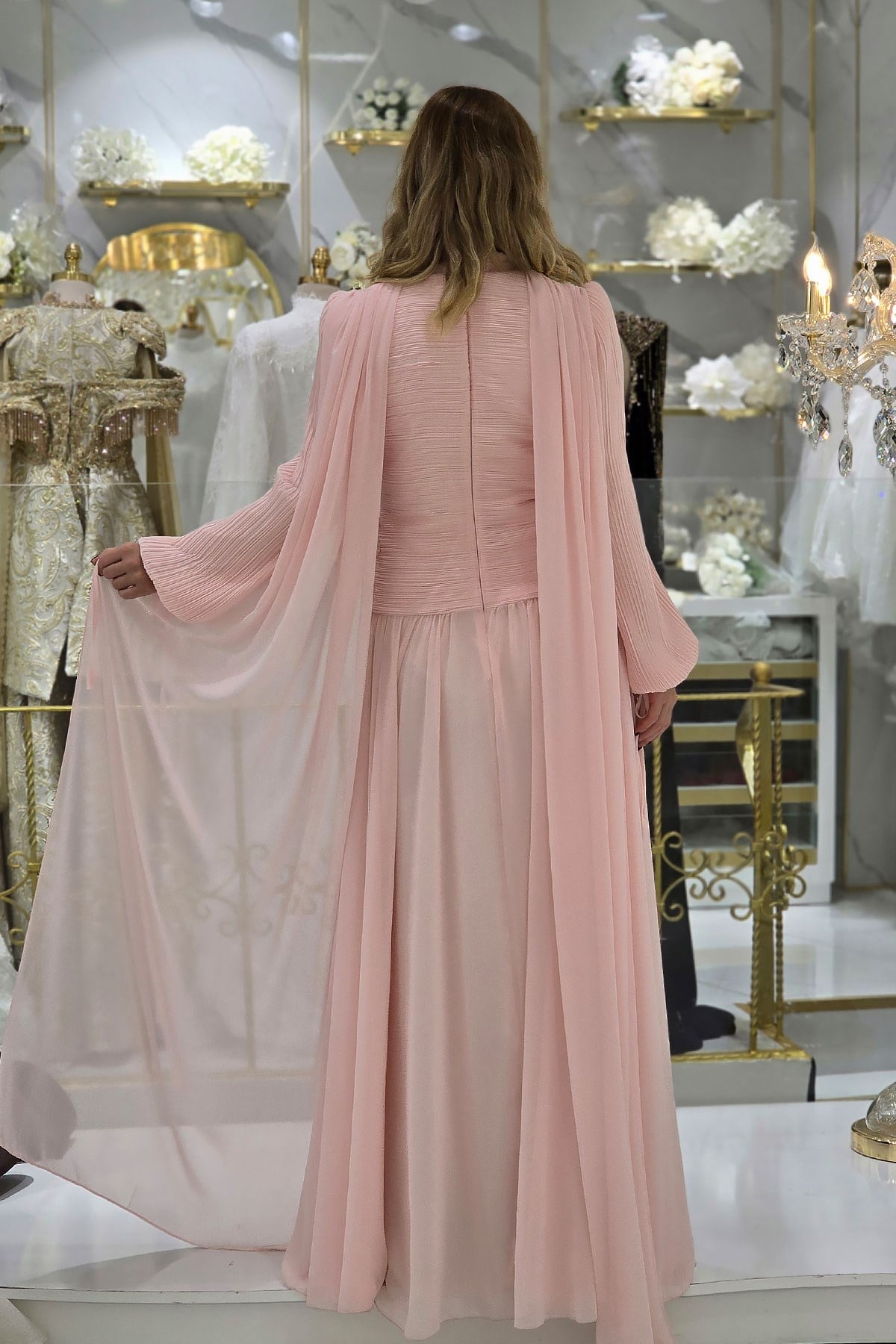 Pembe İşlemeli Şifon Abiye 4606