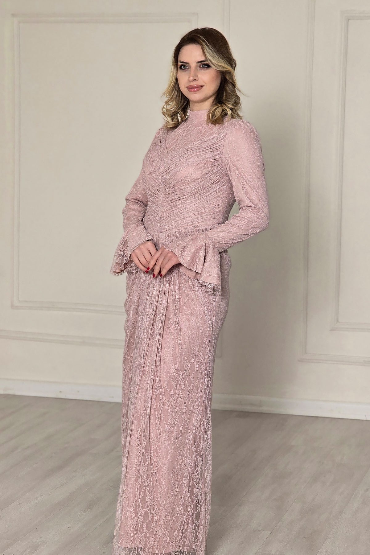 Pembe İspanyol Kol Dantel Elbise 5656