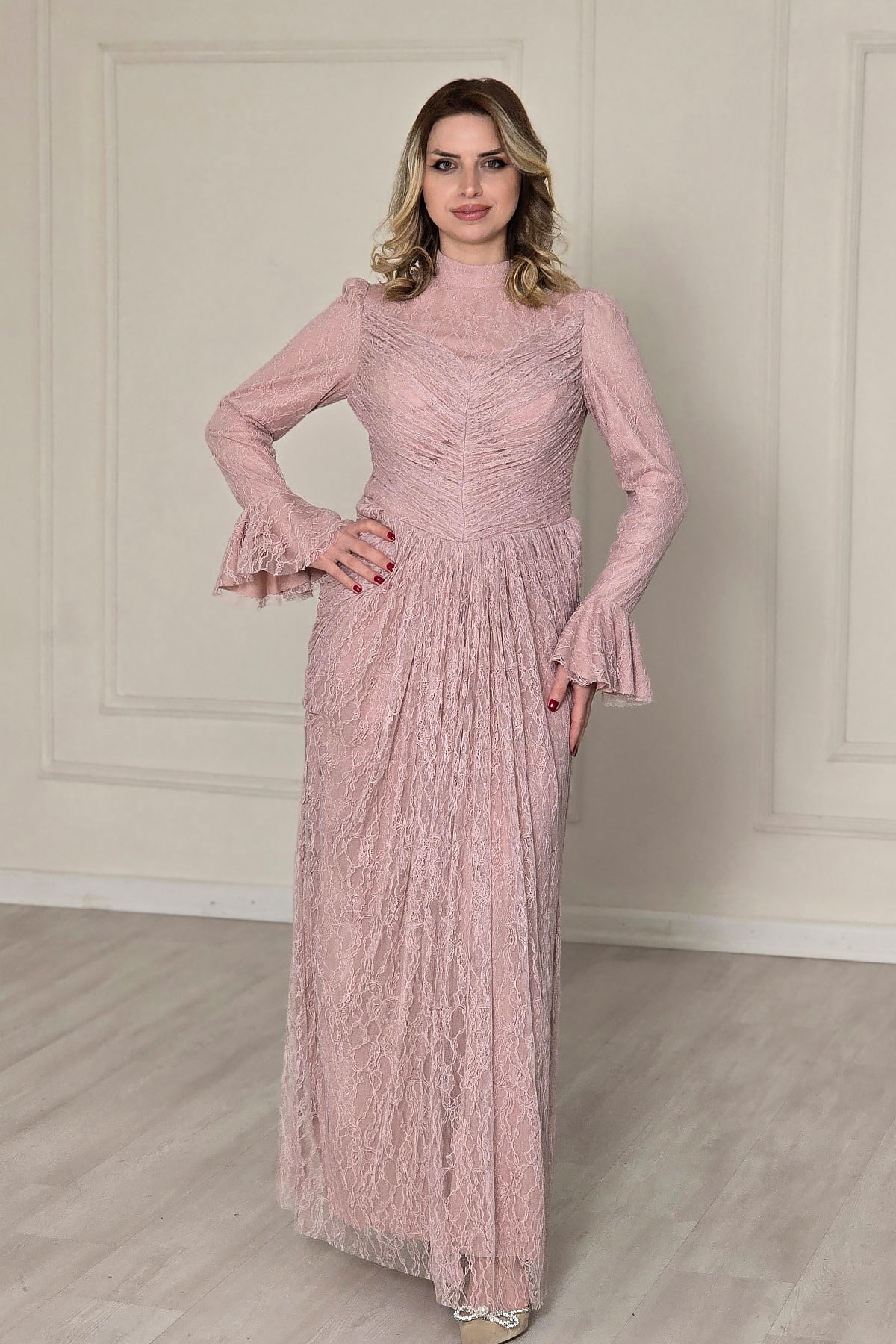 Pembe İspanyol Kol Dantel Elbise 5656