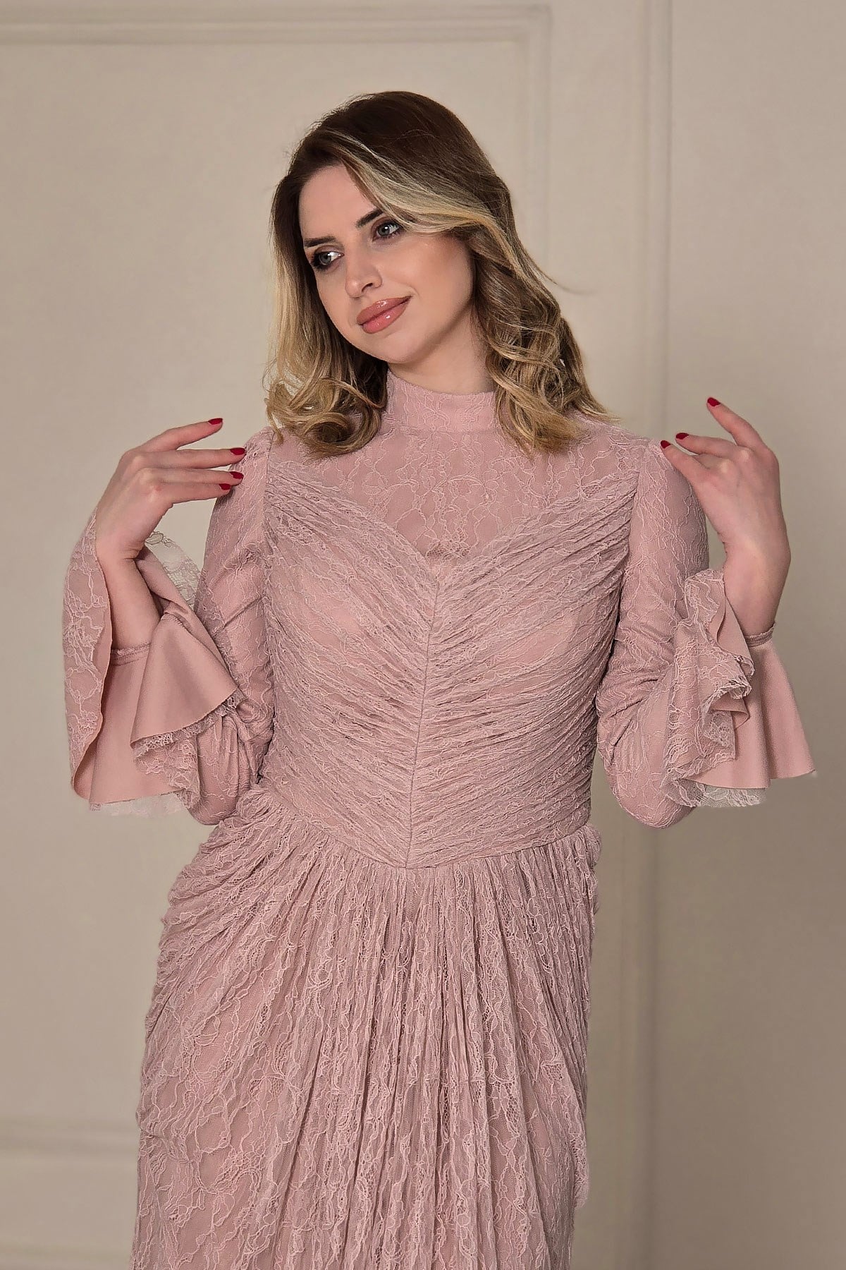 Pembe İspanyol Kol Dantel Elbise 5656