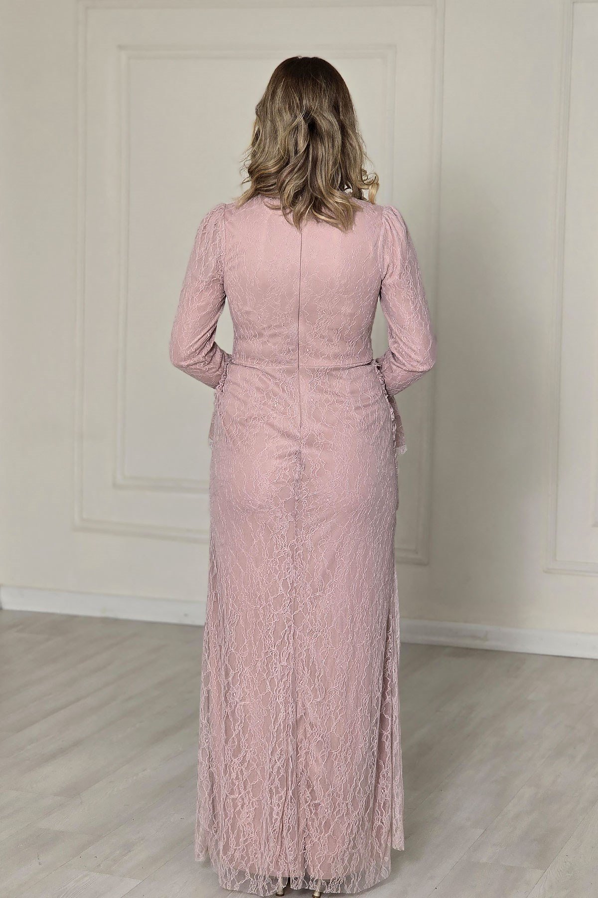 Pembe İspanyol Kol Dantel Elbise 5656