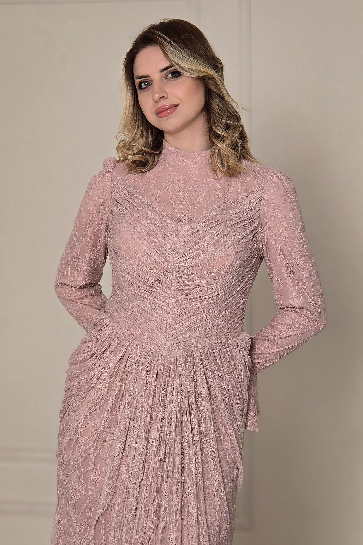 Pembe İspanyol Kol Dantel Elbise 5656
