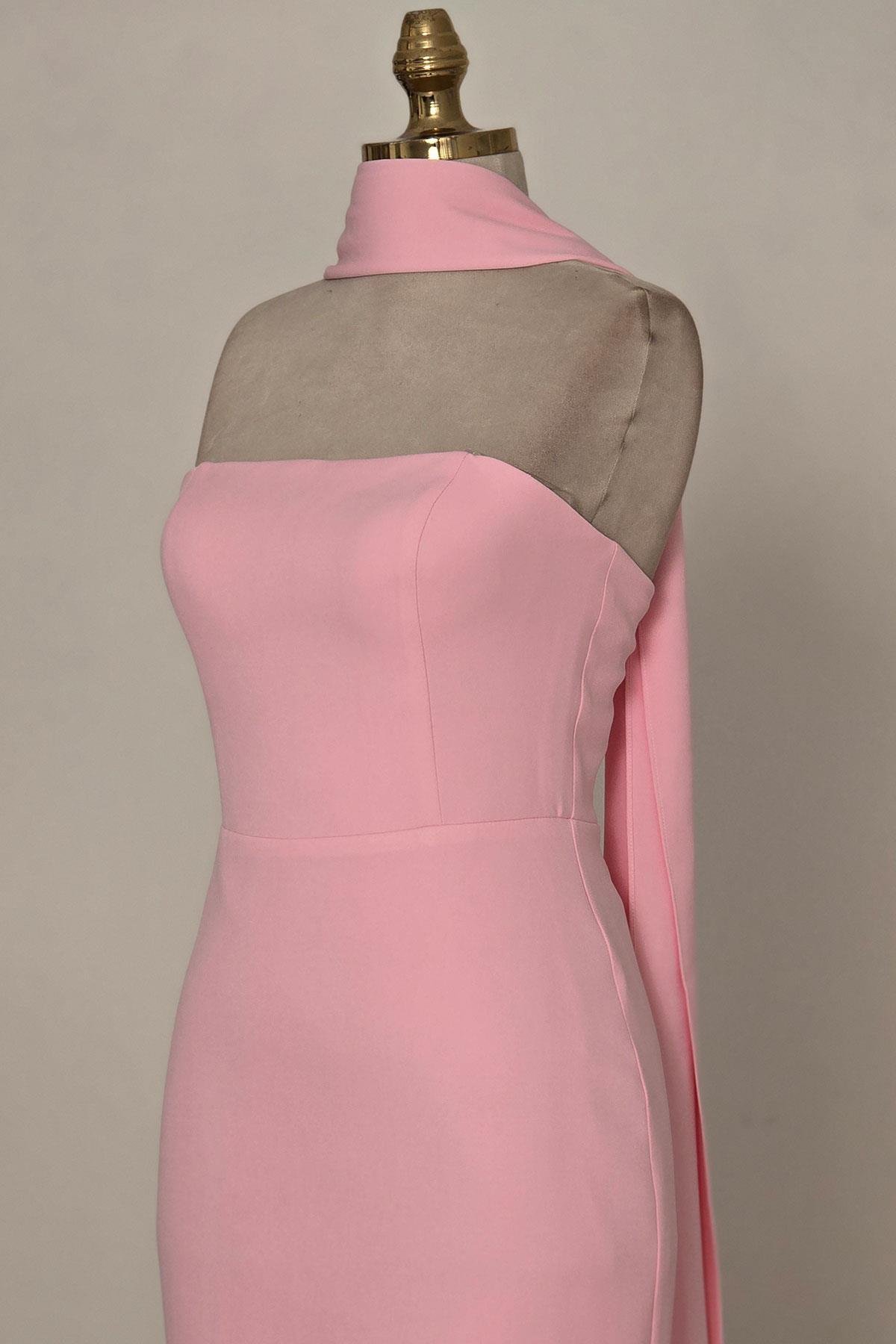 Pembe Krep Şallı Elbise 9818