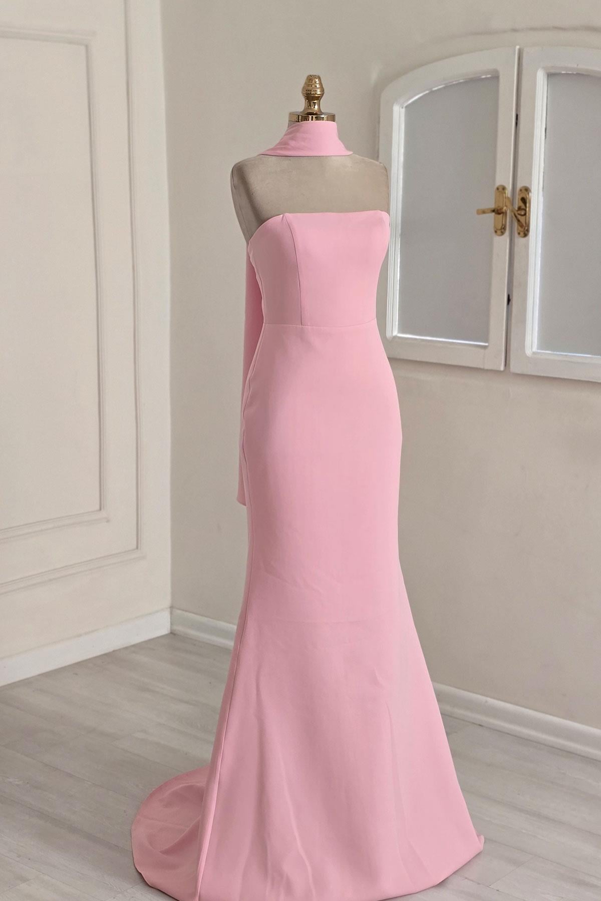 Pembe Krep Şallı Elbise 9818