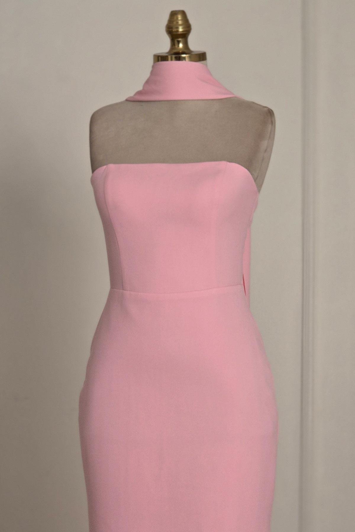 Pembe Krep Şallı Elbise 9818