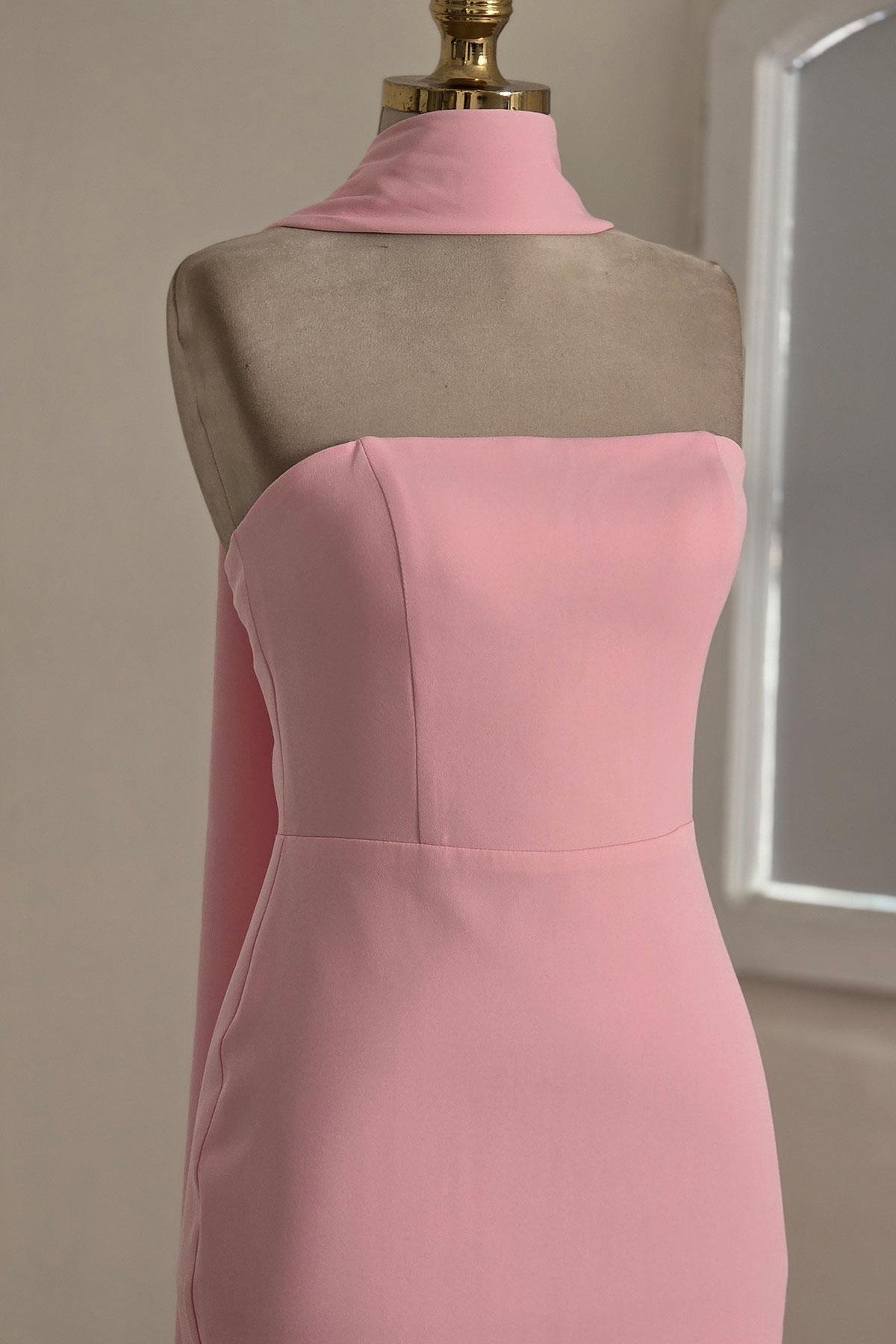 Pembe Krep Şallı Elbise 9818
