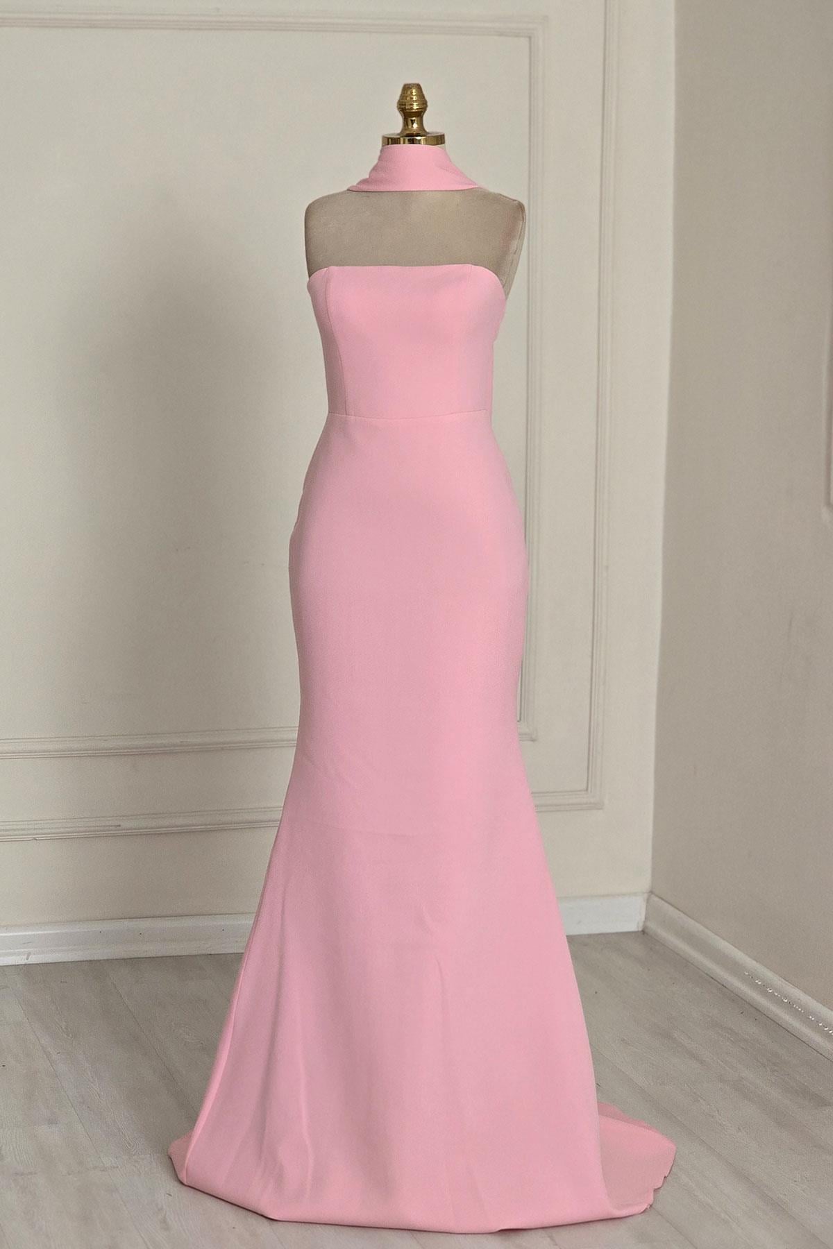 Pembe Krep Şallı Elbise 9818