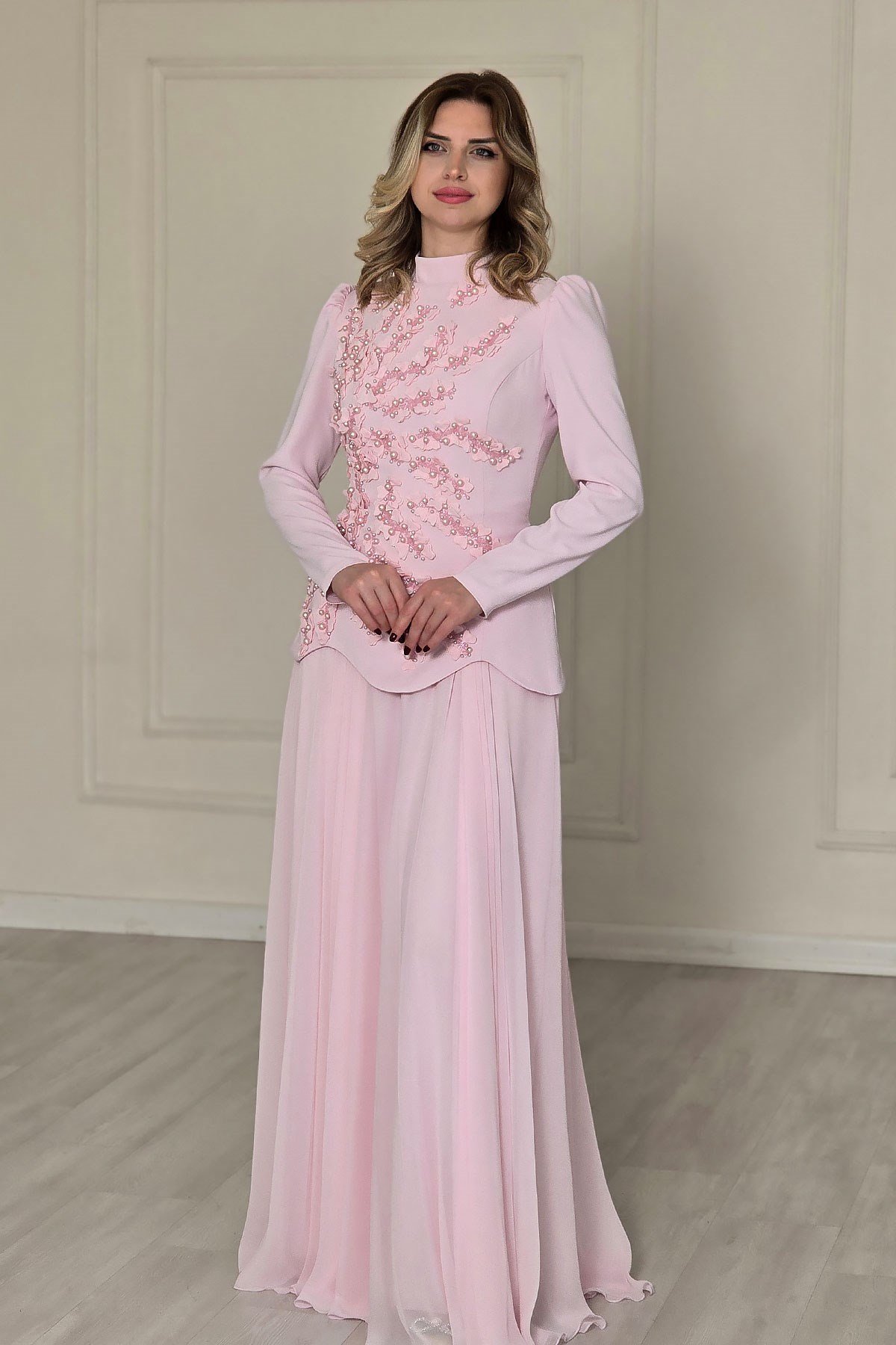 Pembe Krep Tesettür Abiye 4604