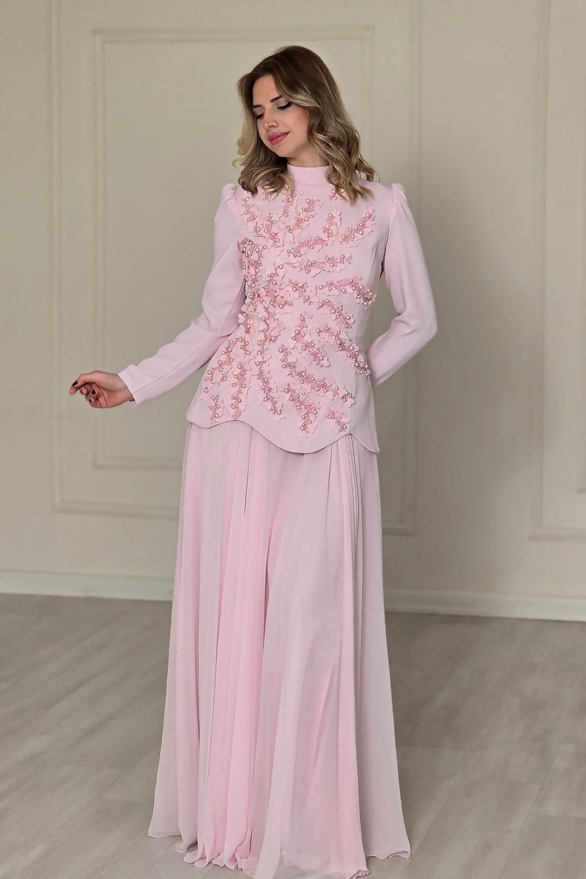 Pembe Krep Tesettür Abiye 4604