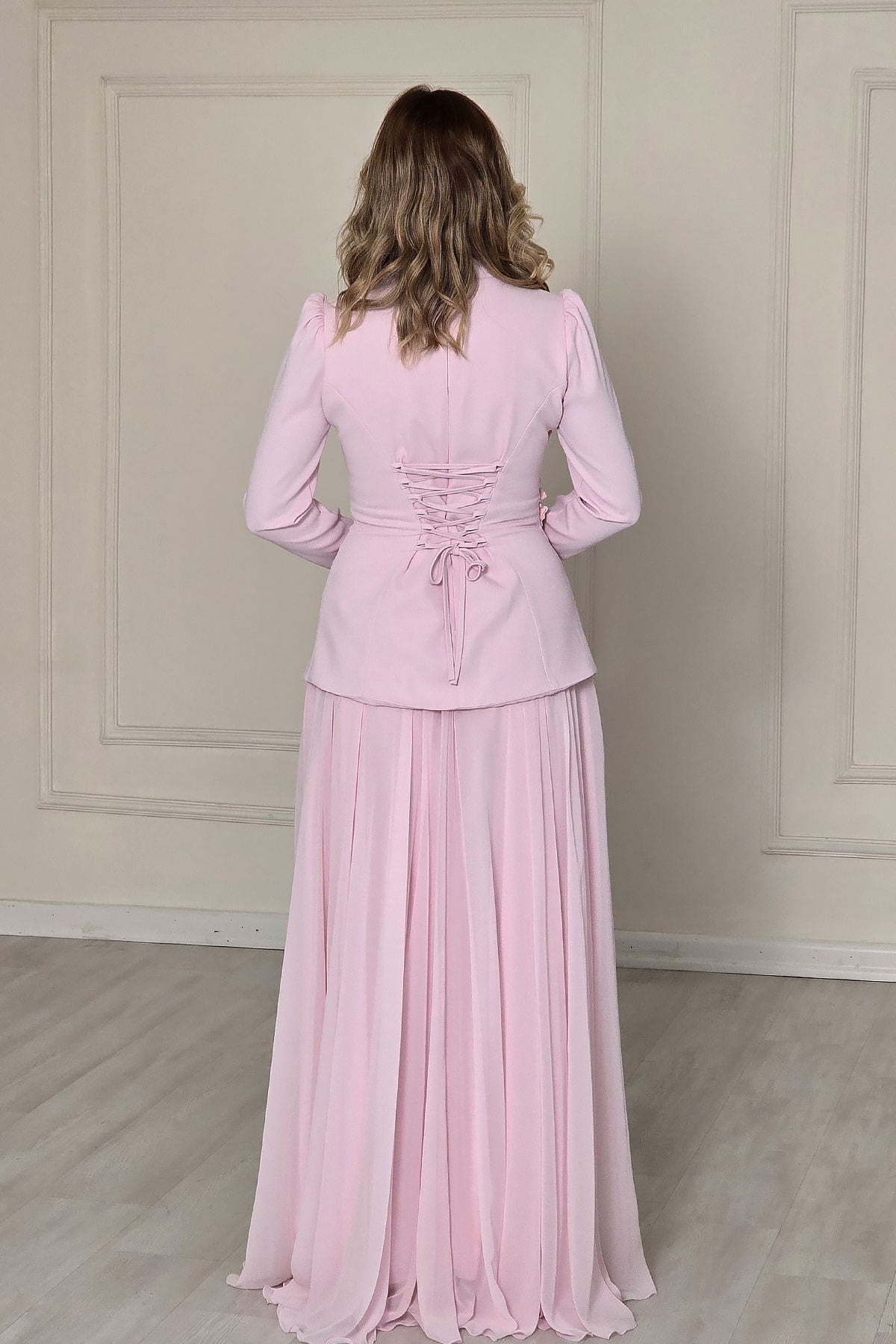 Pembe Krep Tesettür Abiye 4604