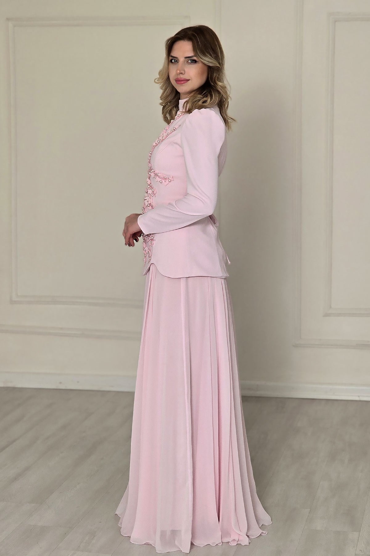 Pembe Krep Tesettür Abiye 4604