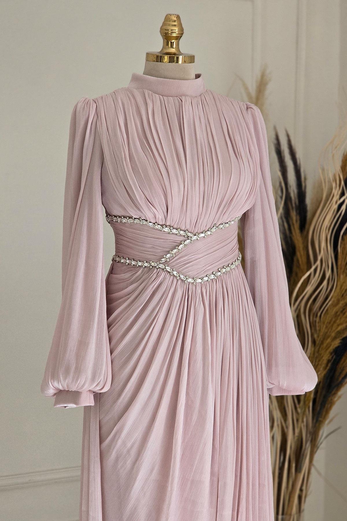 Pembe Organze Abiye 9017