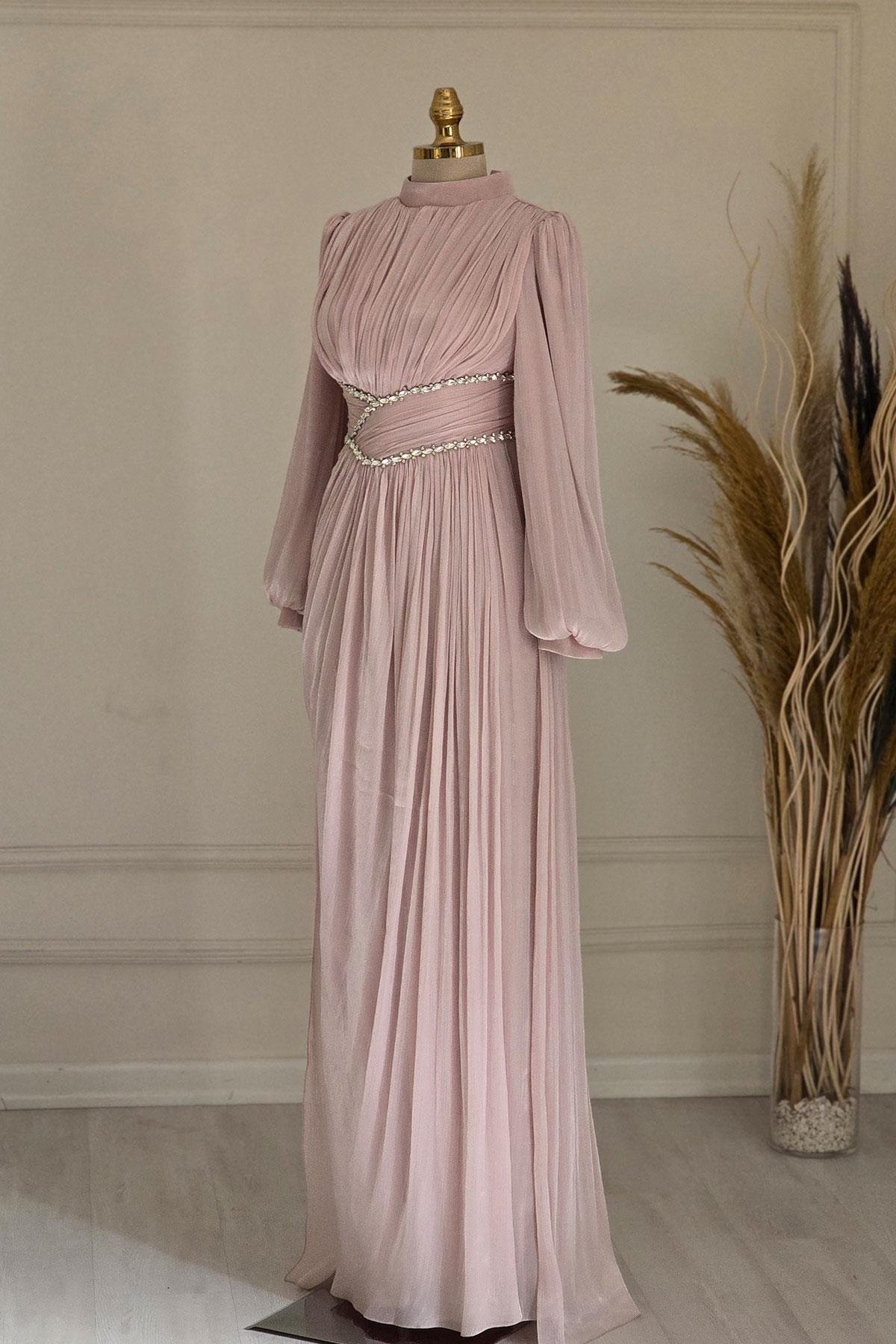 Pembe Organze Abiye 9017