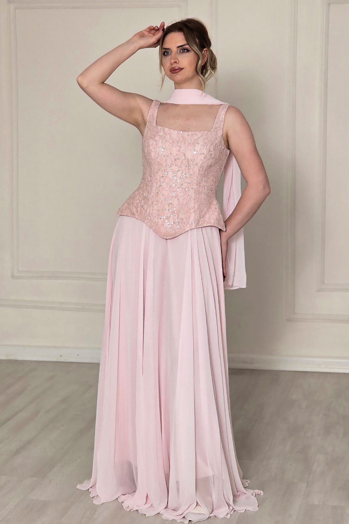 Pembe Şifon Dantelli Abiye 2752