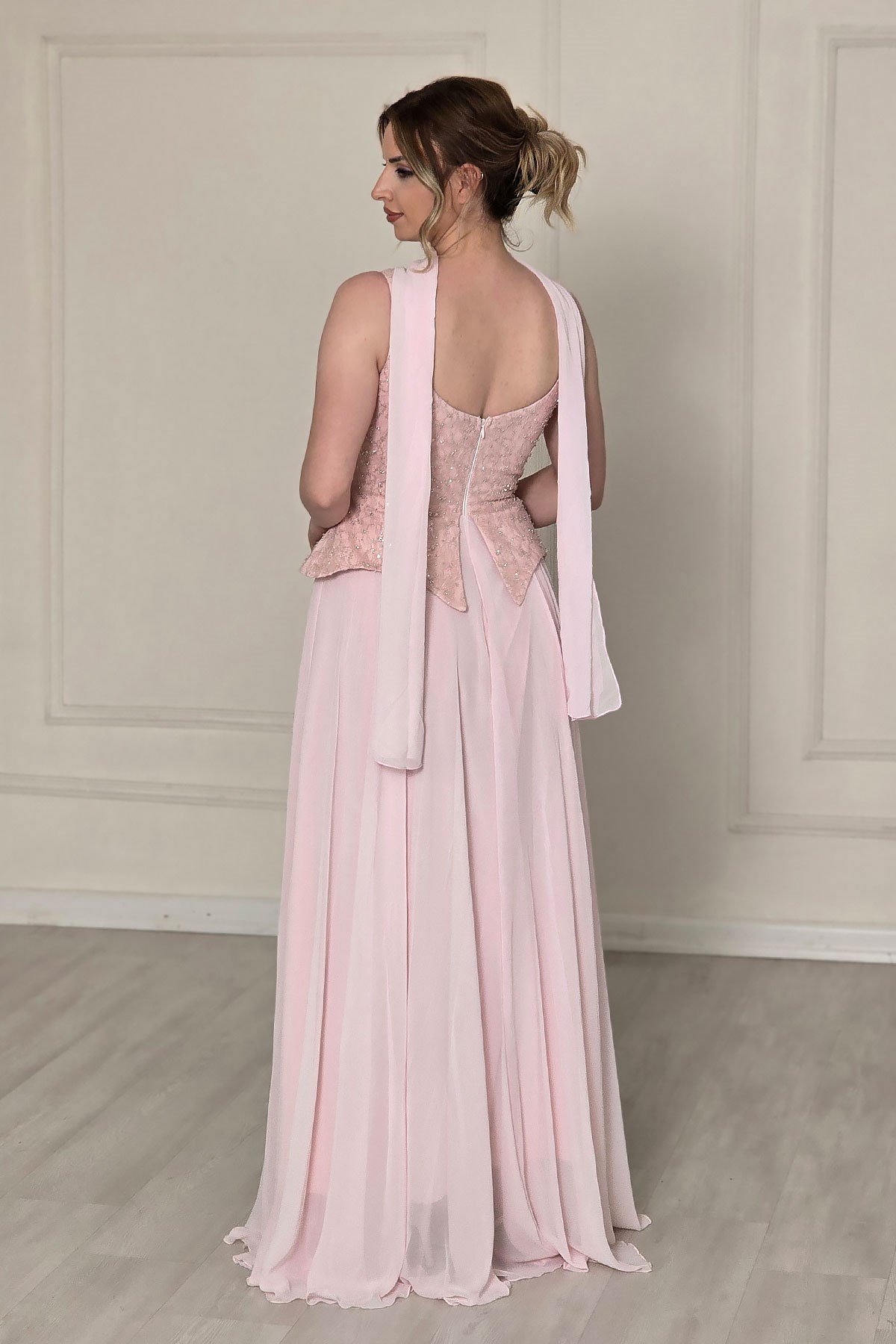 Pembe Şifon Dantelli Abiye 2752