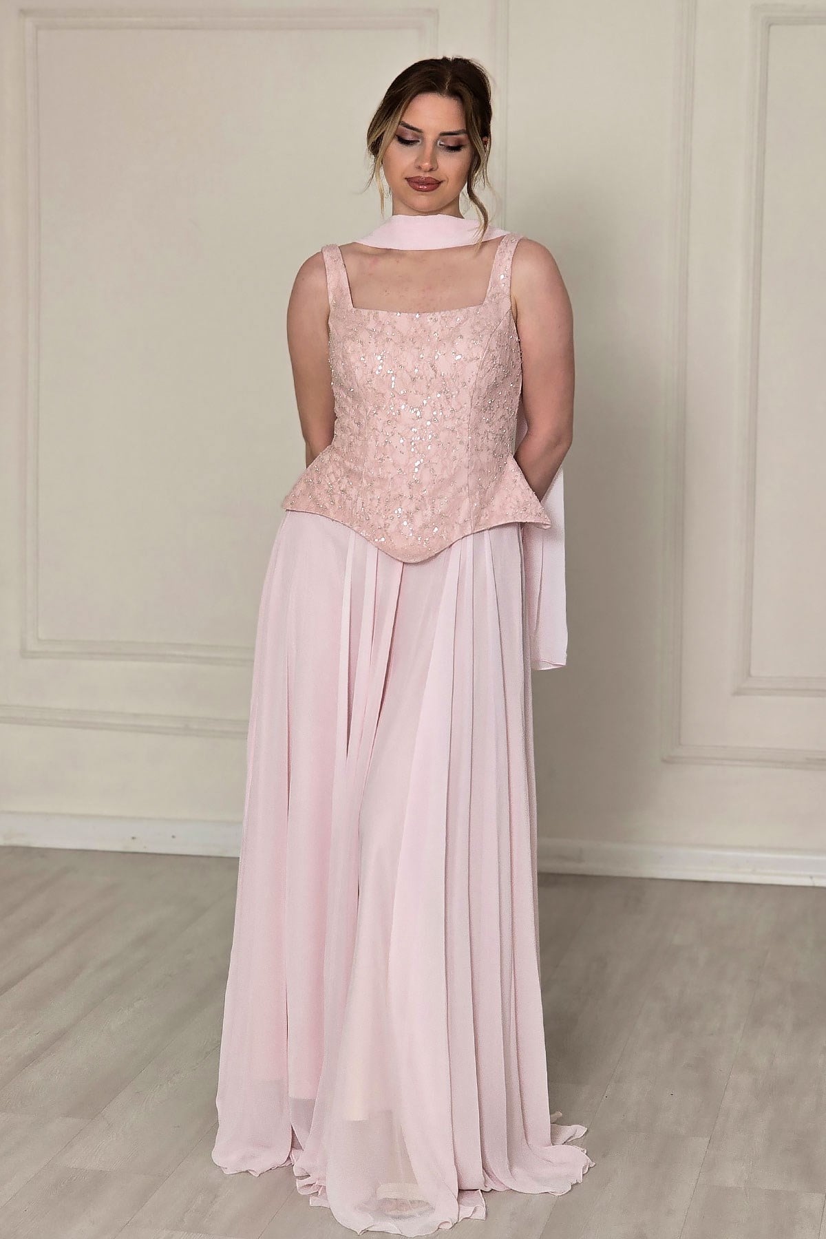 Pembe Şifon Dantelli Abiye 2752