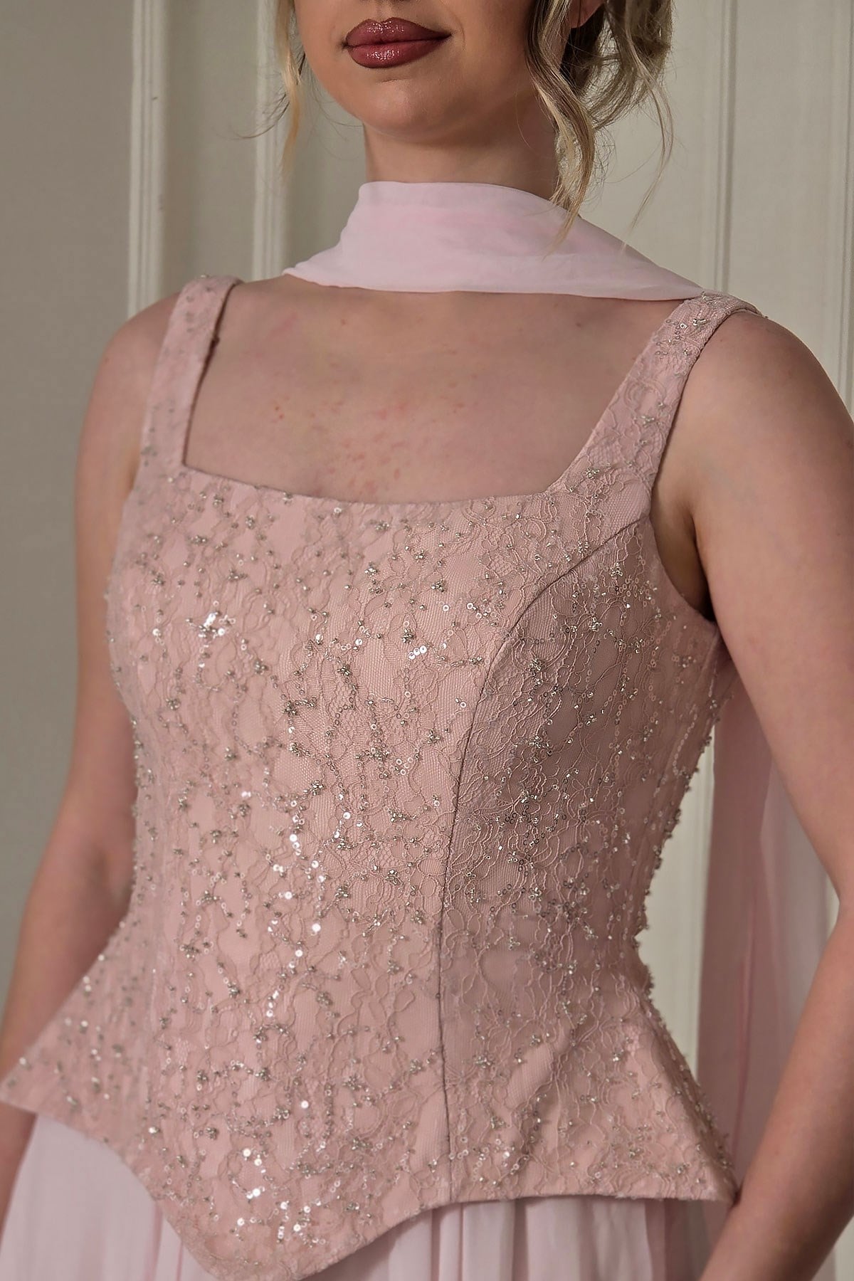 Pembe Şifon Dantelli Abiye 2752