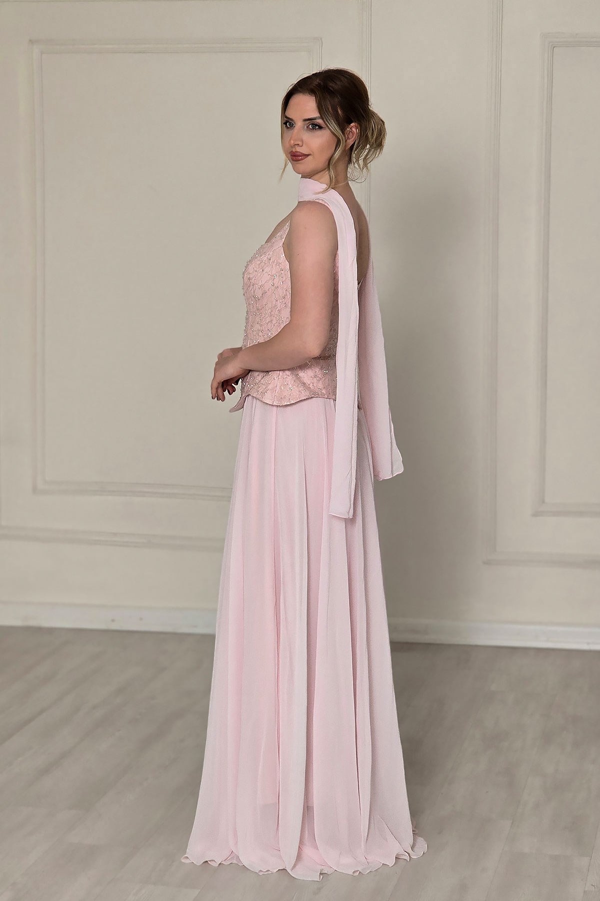 Pembe Şifon Dantelli Abiye 2752