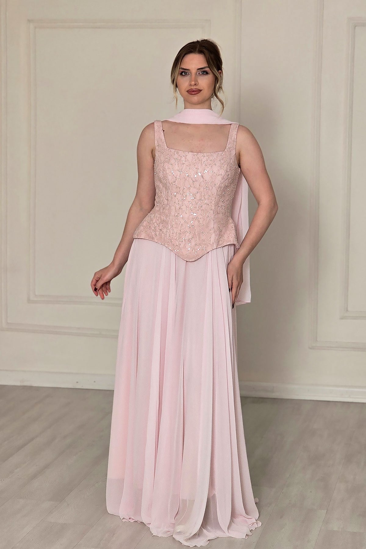 Pembe Şifon Dantelli Abiye 2752