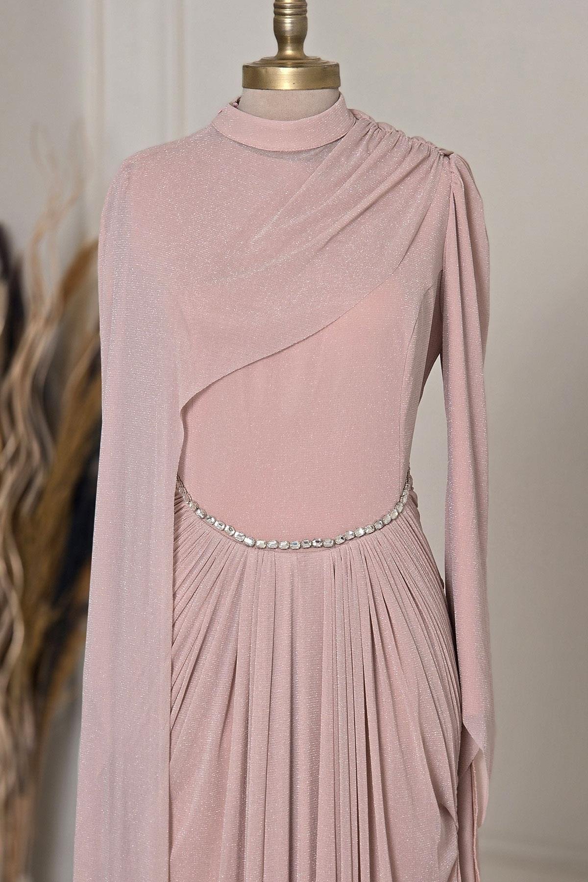 Pembe Simli Tül Tesettür Abiye 5480