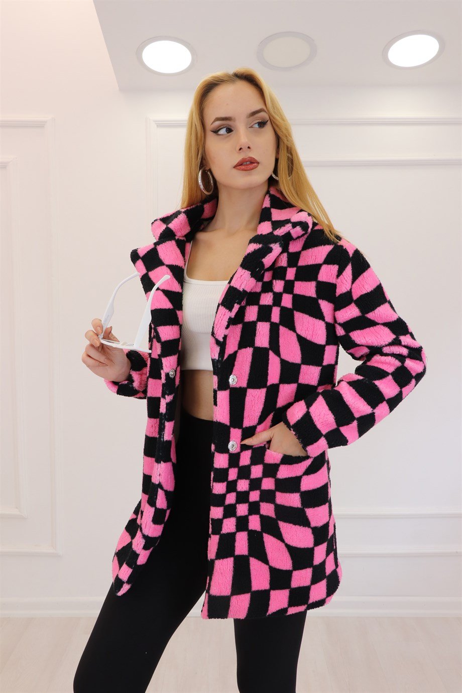 Pembe Siyah  Teddy Peluş Mont 0913-1