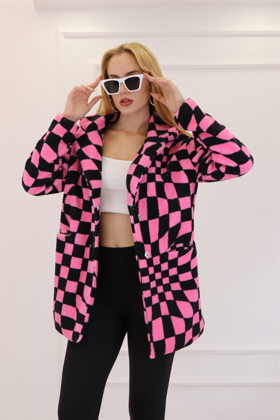 Pembe Siyah  Teddy Peluş Mont 0913-1