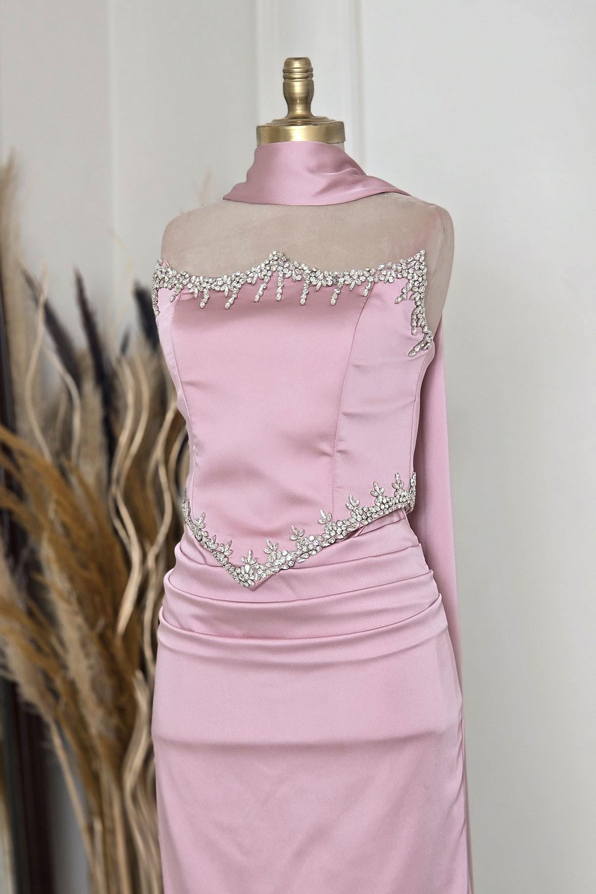 Pembe Taşlı Korseli Abiye 6135