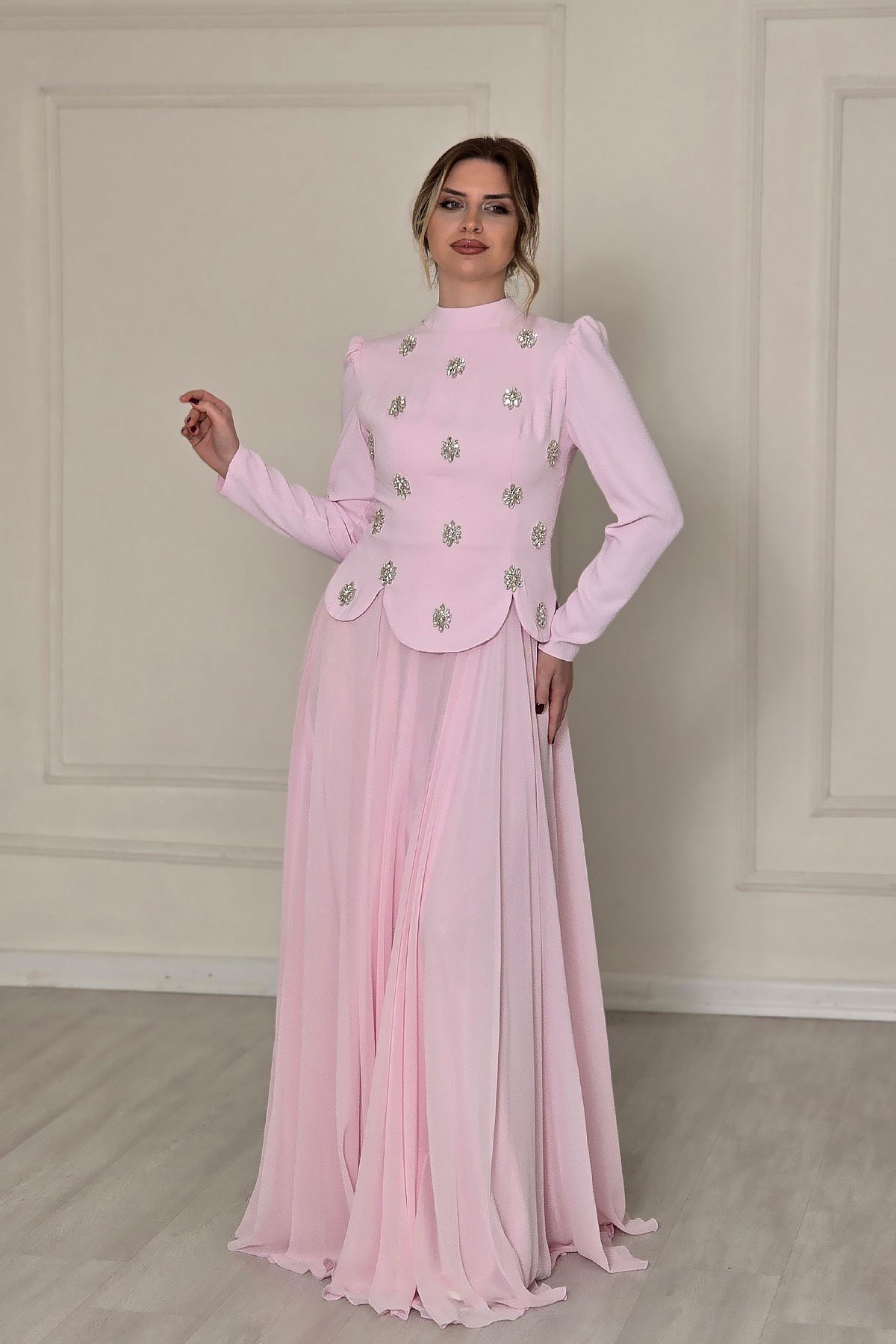 Pembe Taşlı Krep Tesettür Abiye 4561