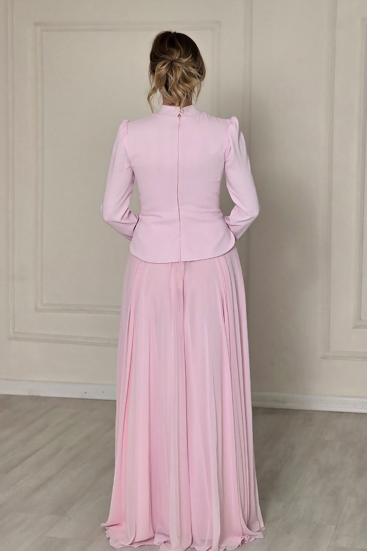 Pembe Taşlı Krep Tesettür Abiye 4561