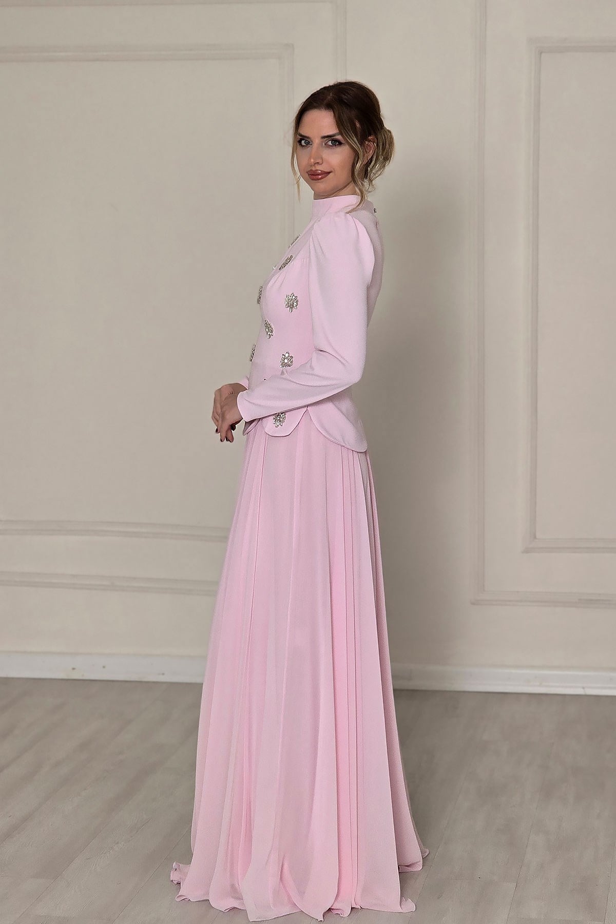 Pembe Taşlı Krep Tesettür Abiye 4561