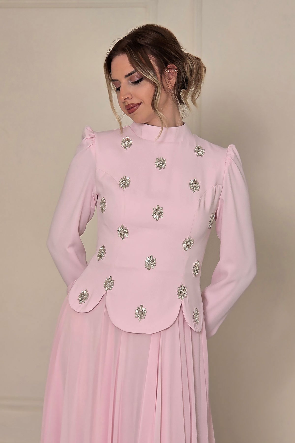 Pembe Taşlı Krep Tesettür Abiye 4561