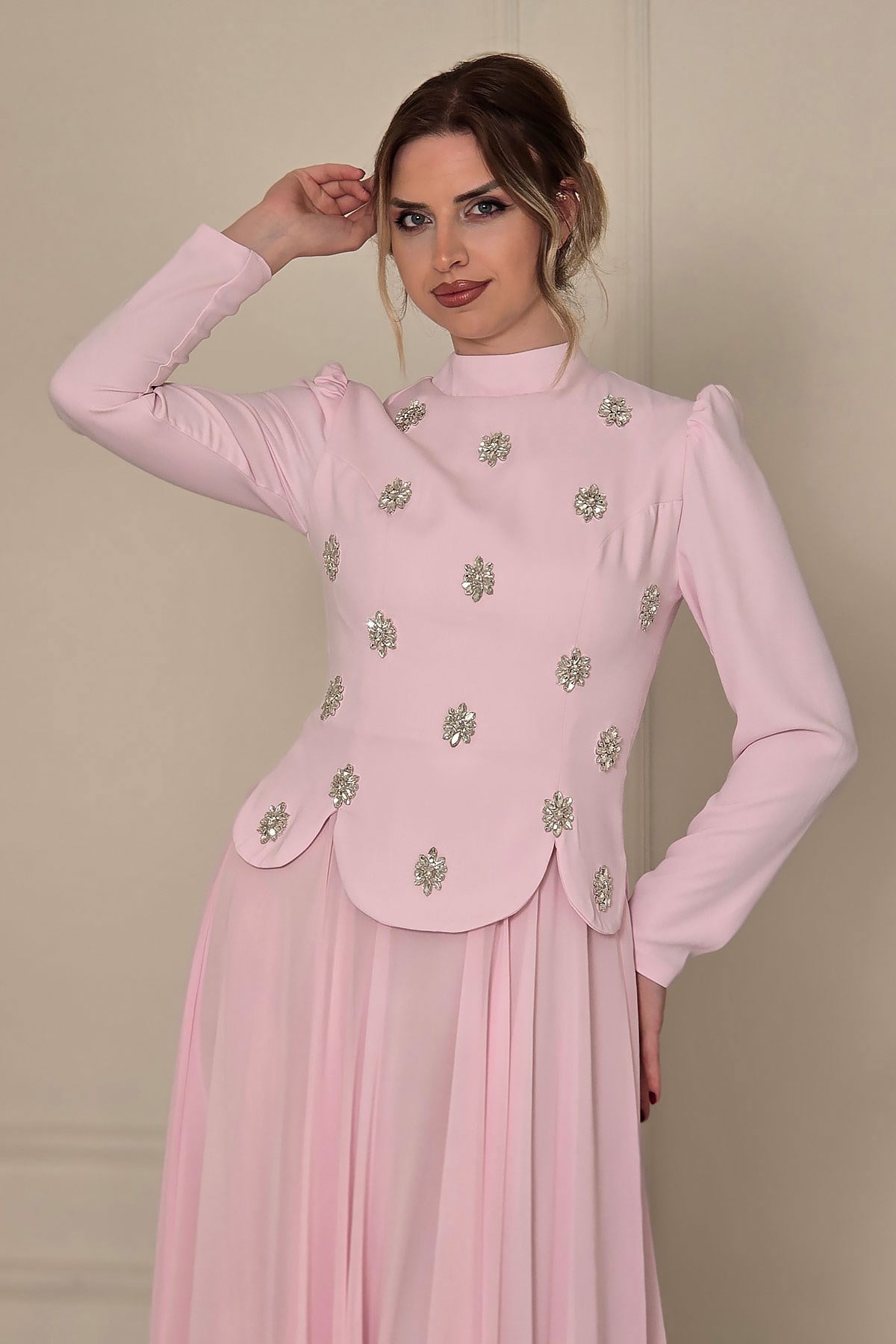 Pembe Taşlı Krep Tesettür Abiye 4561