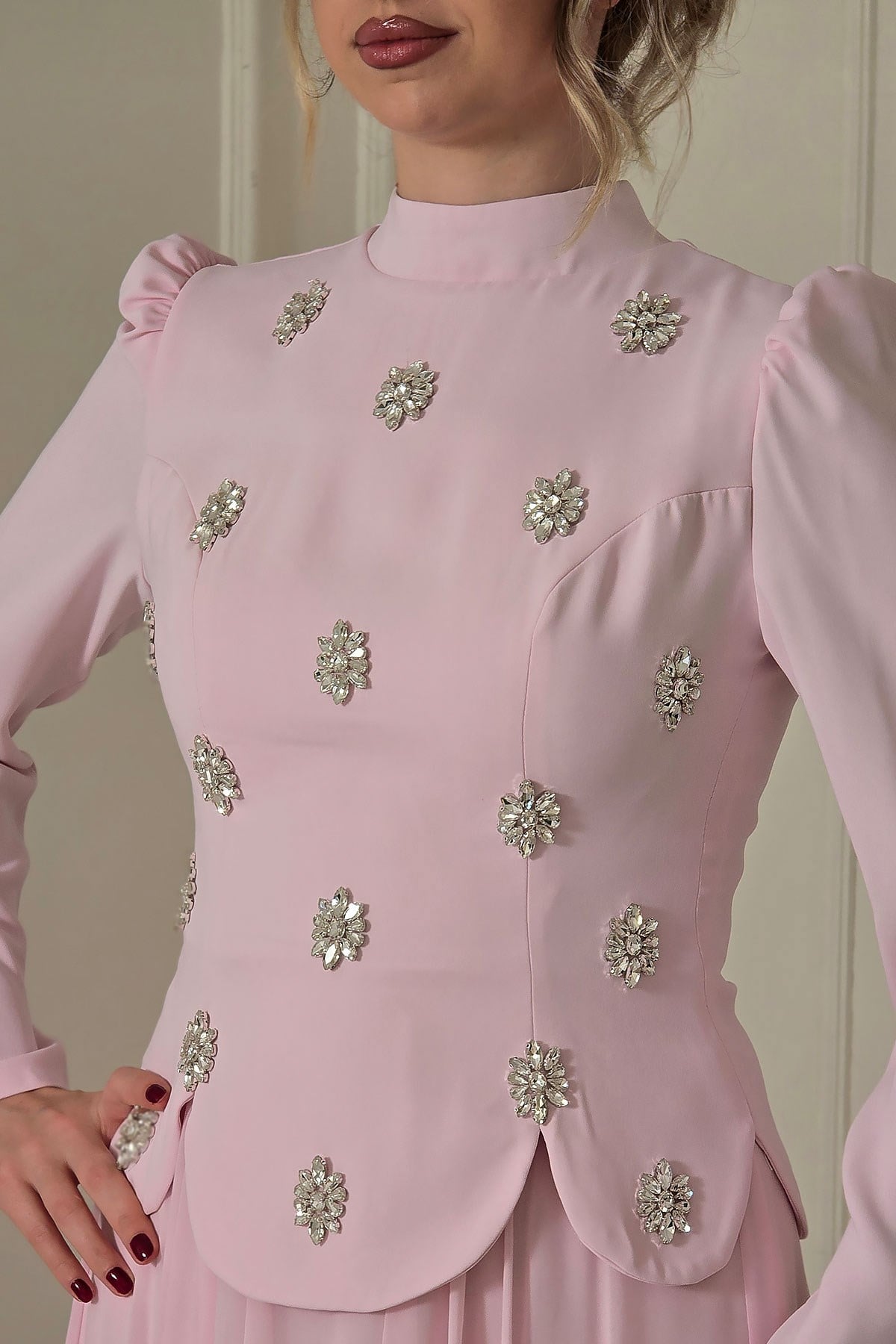 Pembe Taşlı Krep Tesettür Abiye 4561