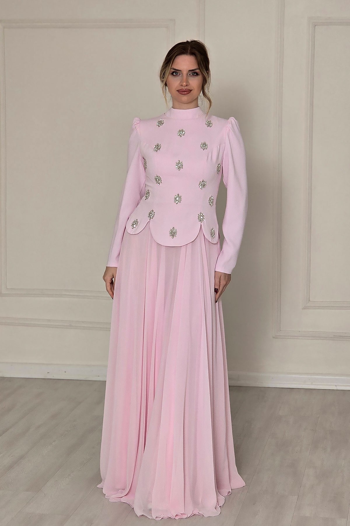 Pembe Taşlı Krep Tesettür Abiye 4561