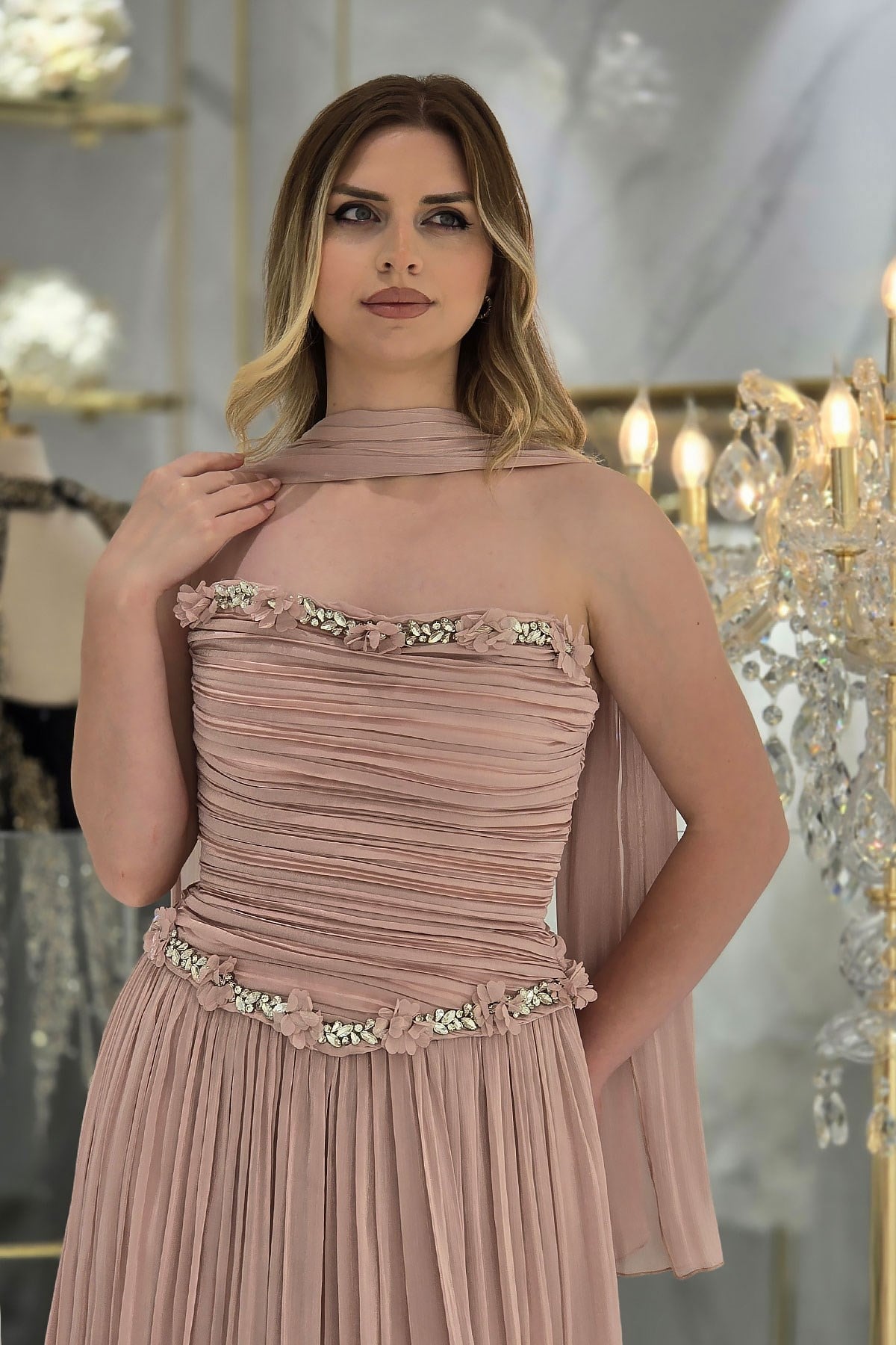 Pudra Çiçekli Taşlı Abiye 2751